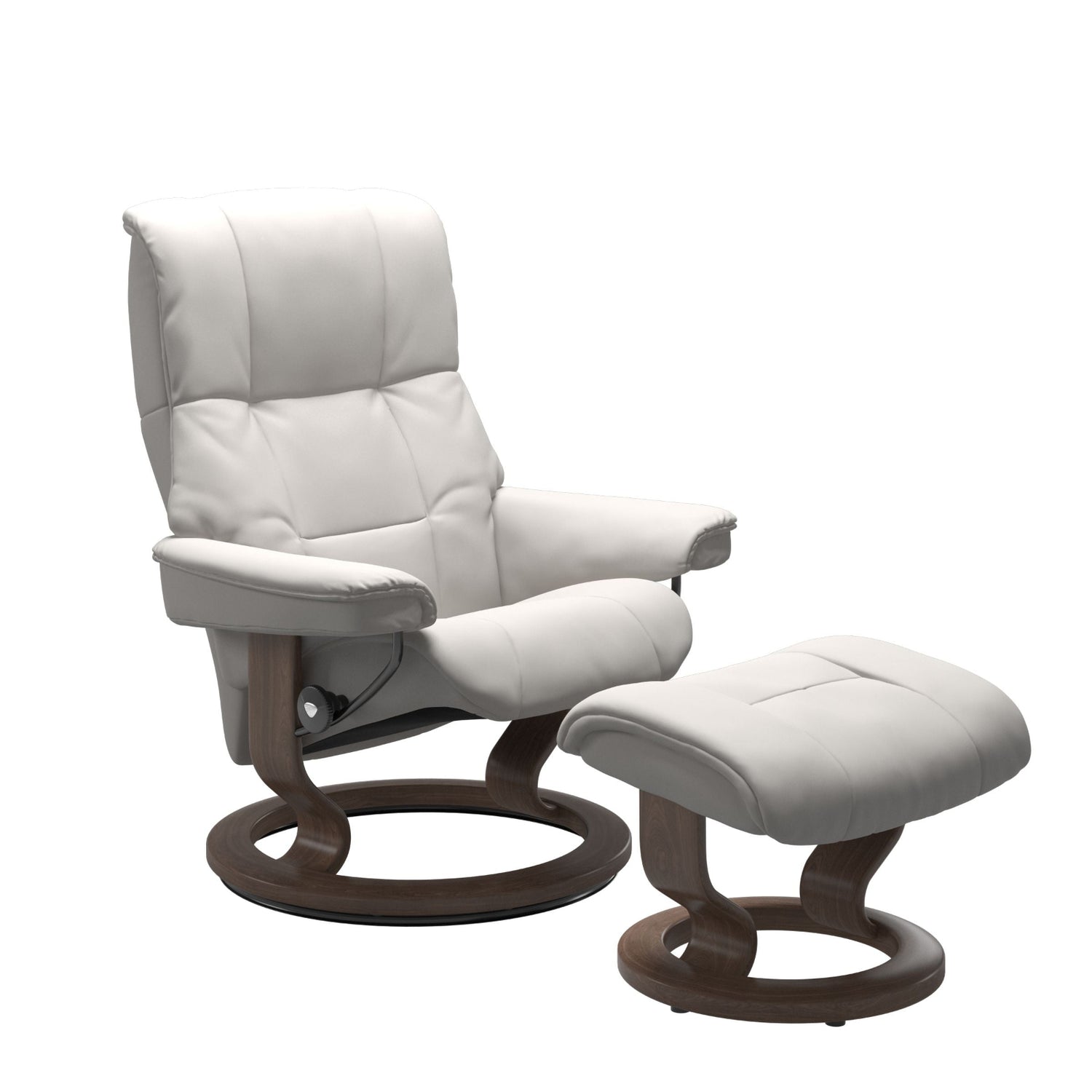 Stressless Mayfair M -lepotuoli ja rahi valkoisena: Milky White 05 Batick -nahkaverhoilulla ja pähkinä petsatulla -Classic-puujalustalla.