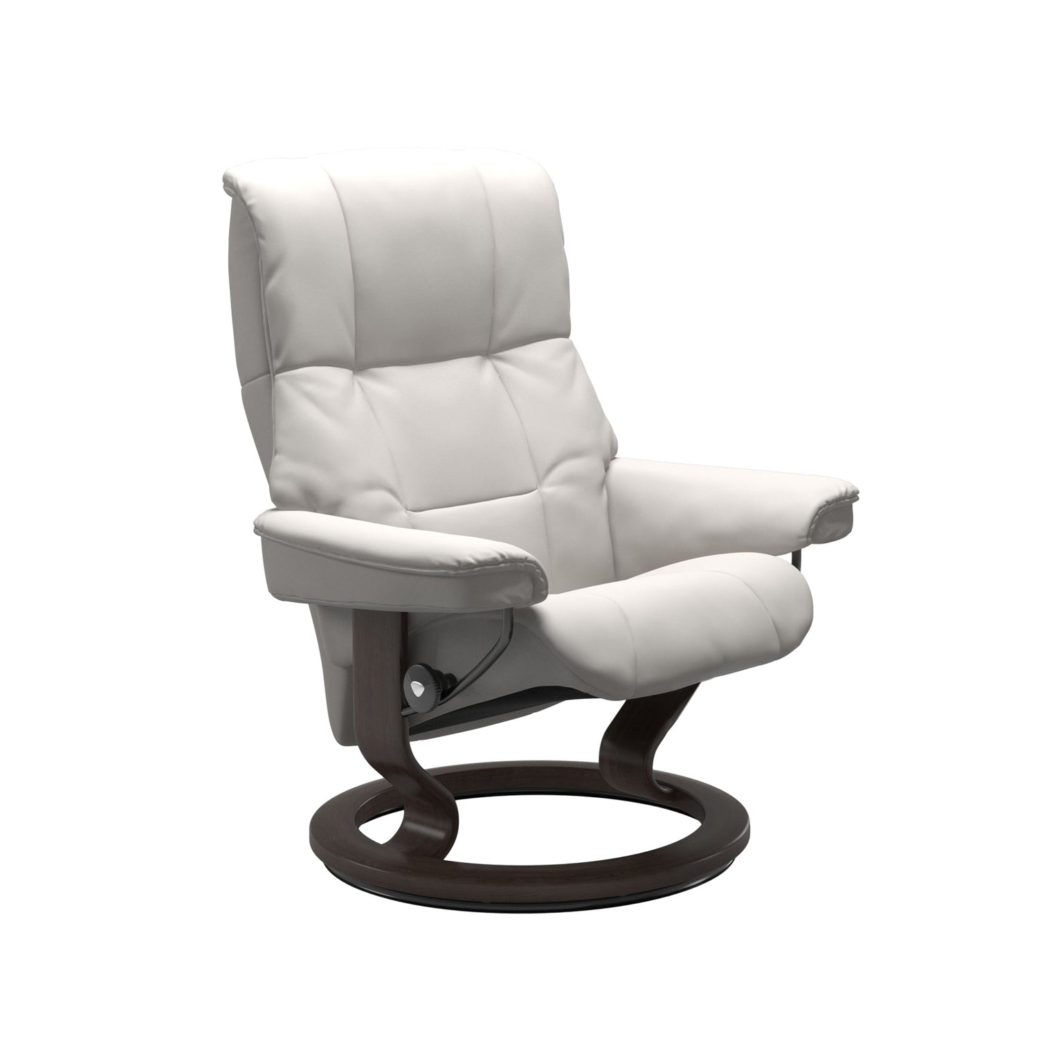 Stressless Mayfair M -lepotuoli valkoisena: Milky White 05 Batick -nahkaverhoilulla ja wenge petsatulla -Classic-puujalustalla.