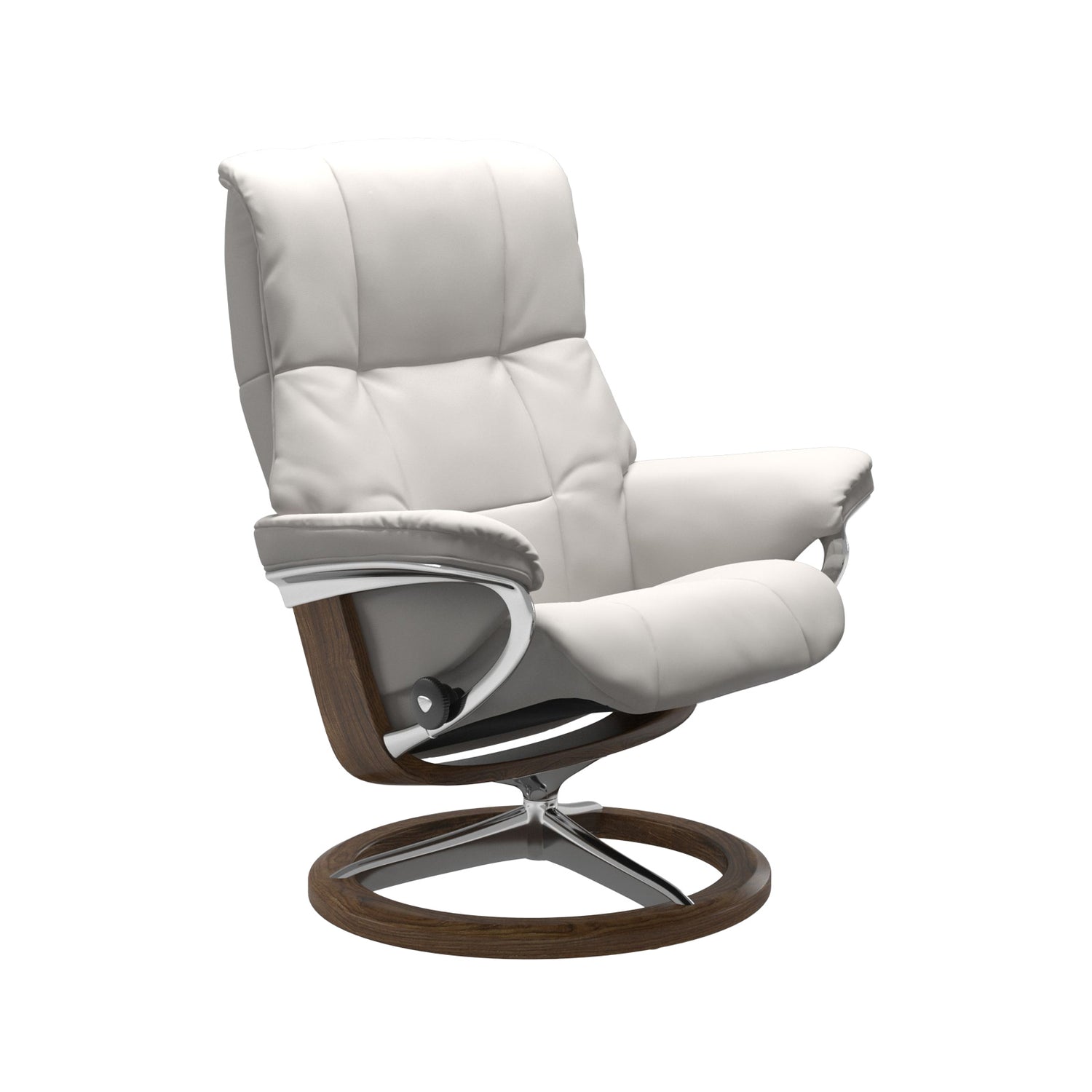 Stressless Mayfair M -lepotuoli valkoisena: Milky White 05 Batick -nahkaverhoilulla ja tiikki petsattu pyökki/kiiltävä alumiini -Signature-yhdistelmäjalustalla.