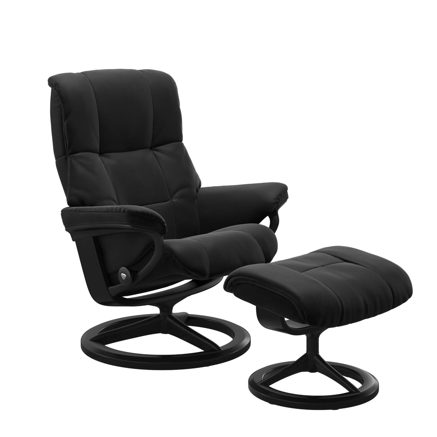 Stressless Mayfair M -lepotuoli ja rahi mustana: Black 19 Paloma-nahkaverhoilulla ja musta petsi 05 pyökki/mattamusta 45 metalli -Signature-yhdistelmäjalustalla.