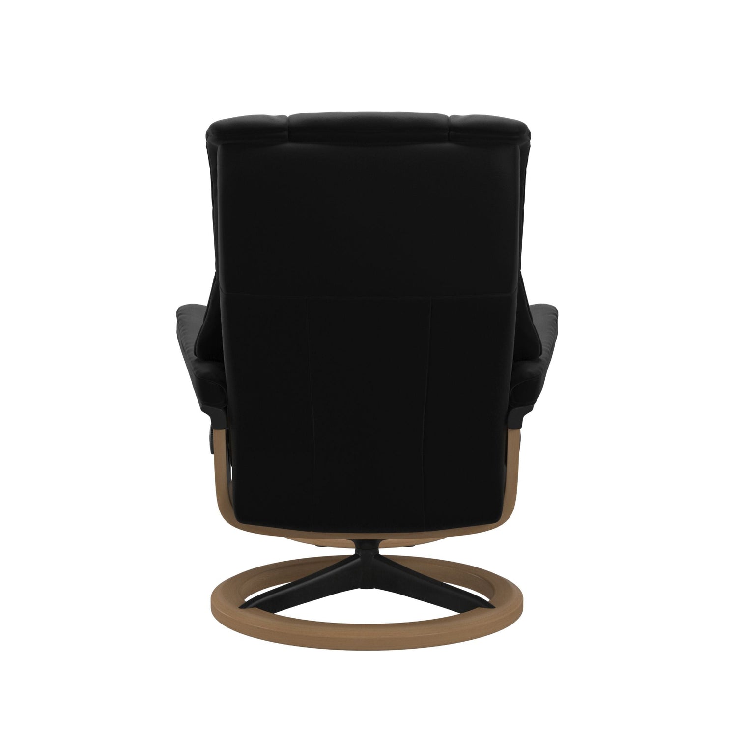 Stressless Mayfair M -lepotuoli ja rahi mustana: Black 19 Paloma-nahkaverhoilulla ja tammi petsi 04/mattamusta 45 metalli -Signature-yhdistelmäjalustalla.