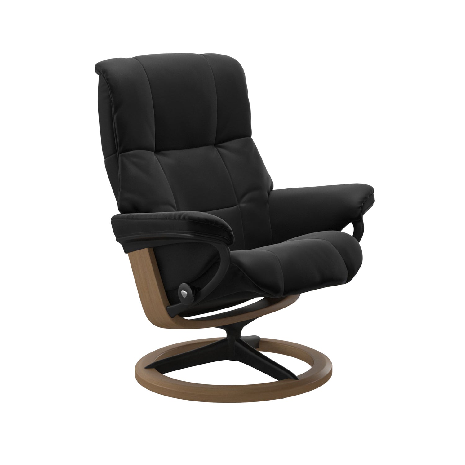 Stressless Mayfair M -lepotuoli mustana: Black 19 Paloma-nahkaverhoilulla ja tammi petsattu pyökki/mattamusta metalli -Signature-yhdistelmäjalustalla.