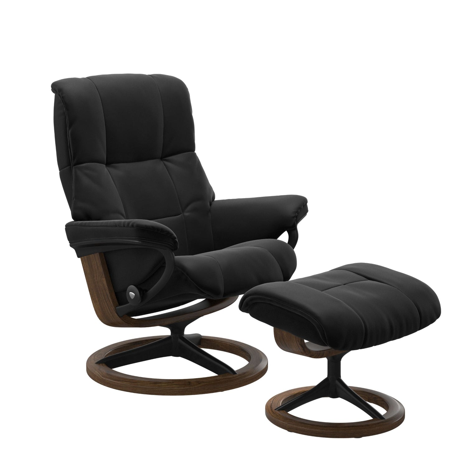 Stressless Mayfair M -lepotuoli ja rahi mustana: Black 19 Paloma-nahkaverhoilulla ja teak petsi 02 pyökki/mattamusta 45 metalli -Signature-yhdistelmäjalustalla.