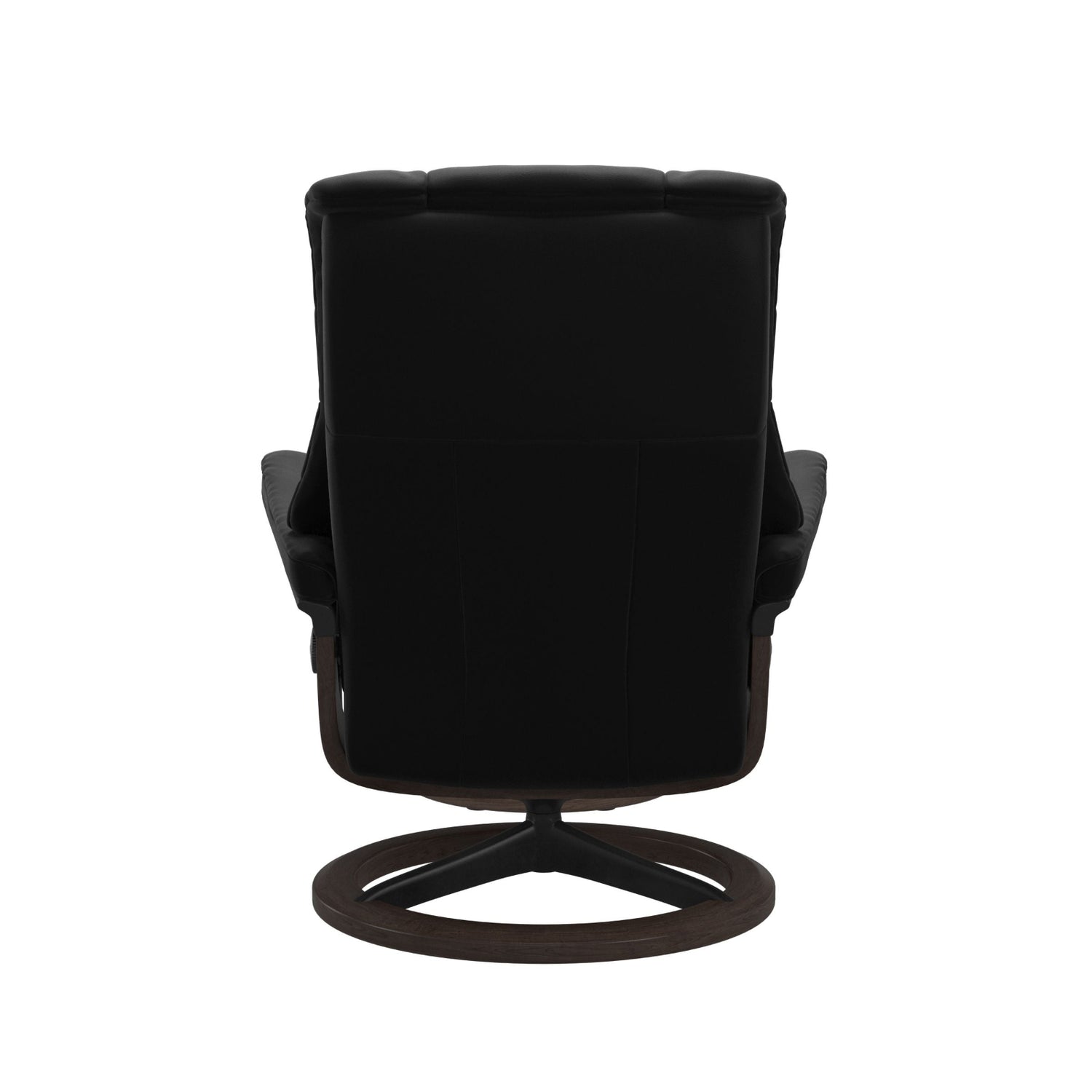 Stressless Mayfair M -lepotuoli ja rahi mustana: Black 19 Paloma-nahkaverhoilulla ja wenge 11 petsattu pyökki/mattamusta 45 metalli -Signature-yhdistelmäjalustalla.