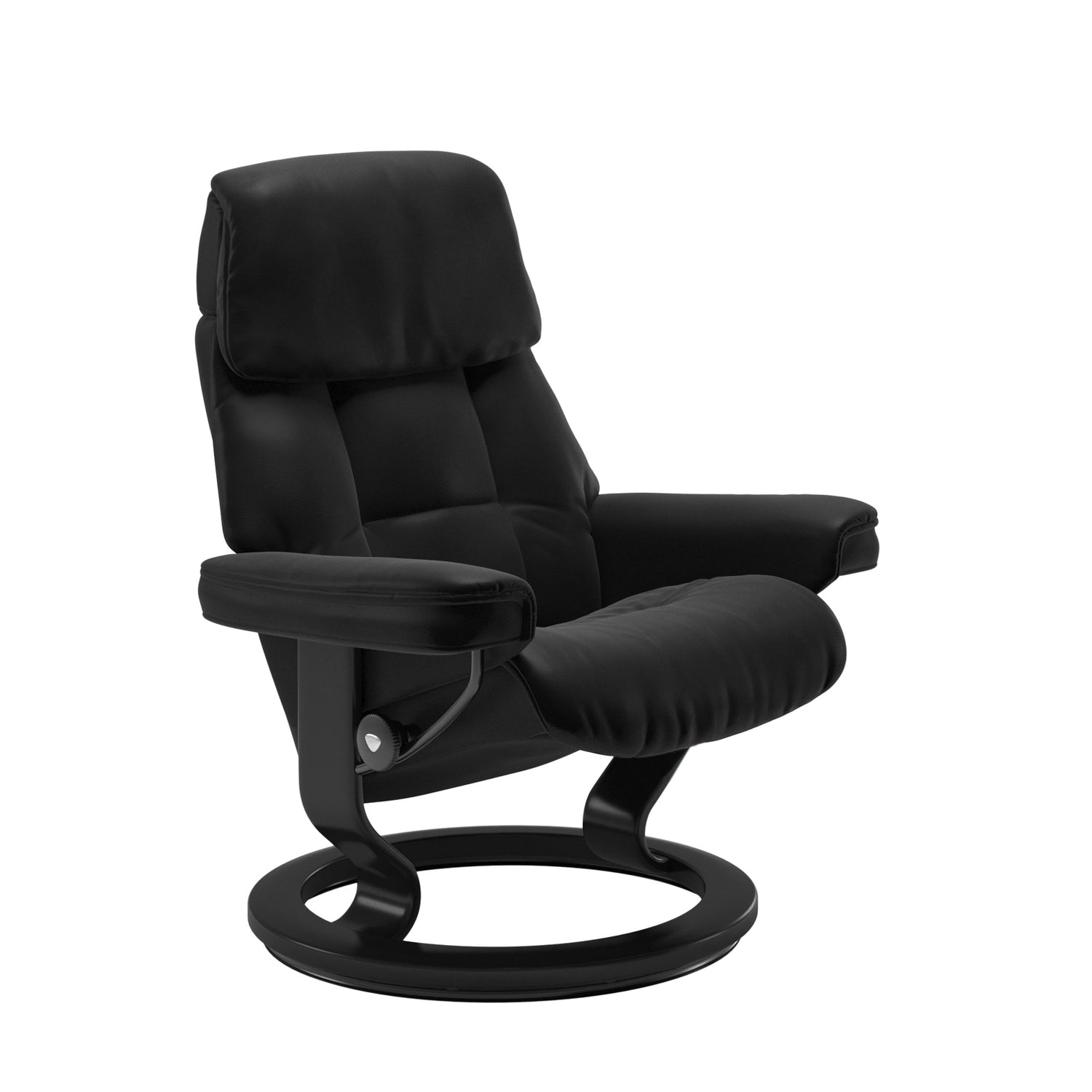 Stressless Ruby M -lepotuoli mustana: Black 19 Batick-nahkaverhoilulla ja musta petsatulla -Classic-puujalustalla.