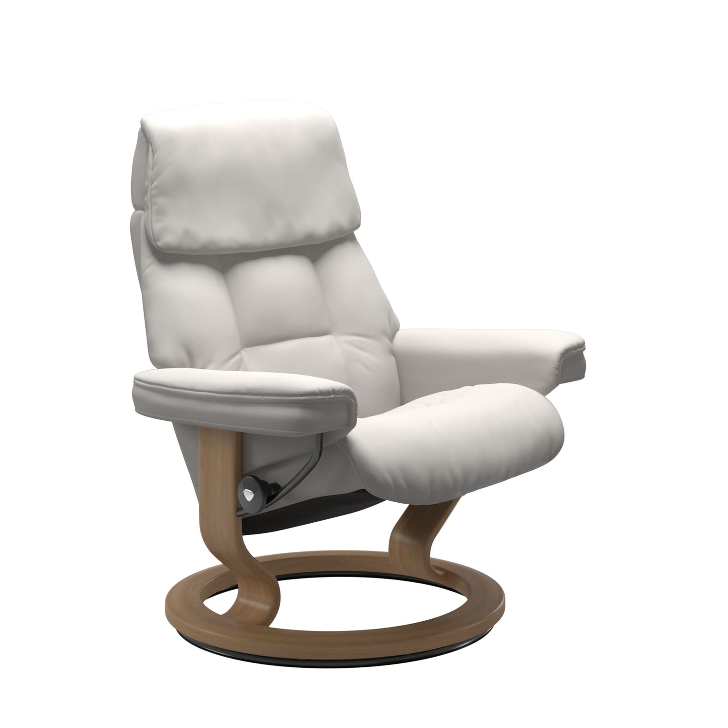 Stressless Ruby M -lepotuoli valkoisena: Milky White 05 Batick-nahkaverhoilulla ja tammi petsatulla -Classic-puujalustalla.