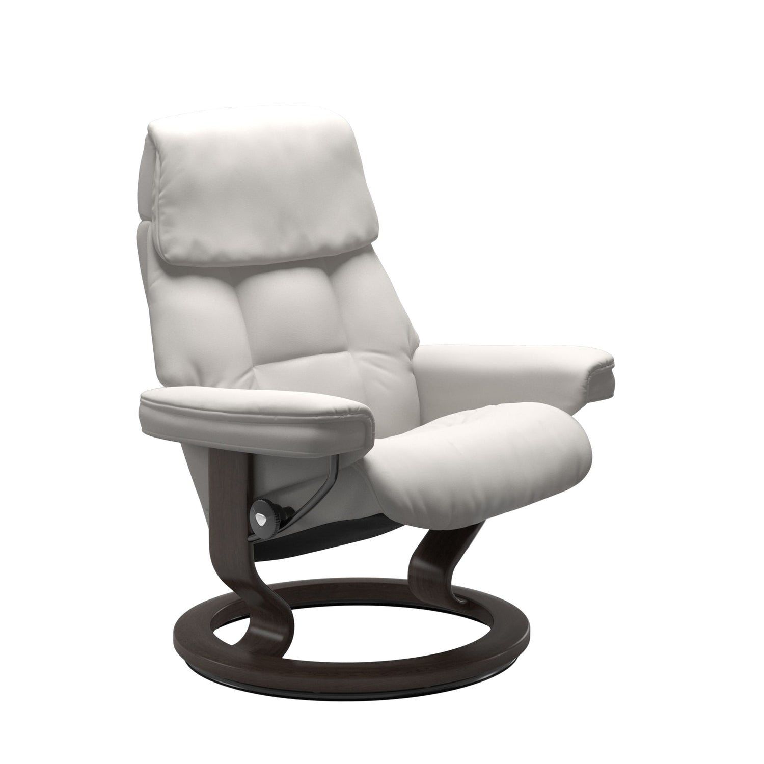 Stressless Ruby M -lepotuoli valkoisena: Milky White 05 Batick-nahkaverhoilulla ja wenge petsatulla -Classic-puujalustalla.
