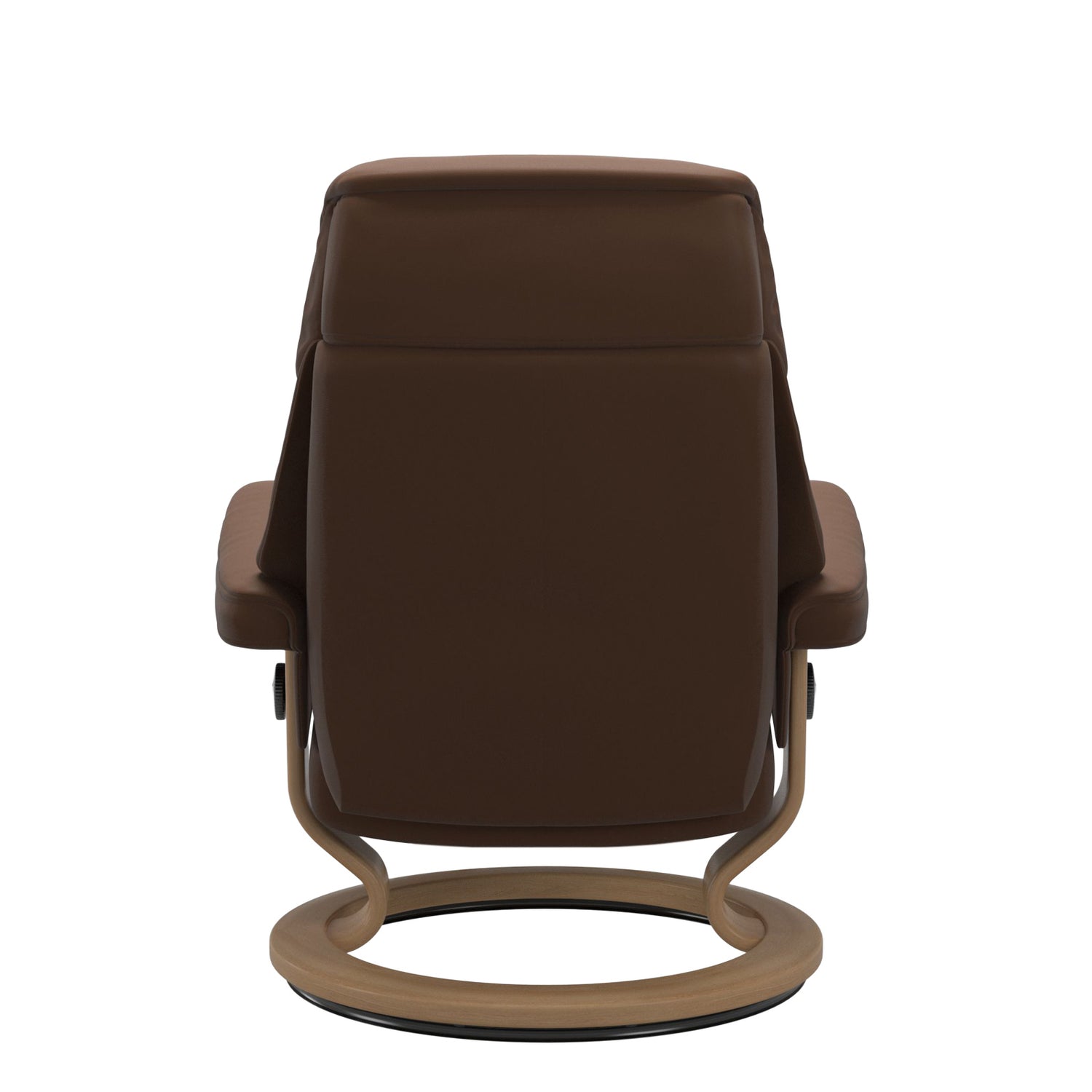Stressless Ruby M -lepotuoli ruskeana: Warm Brown 87 Batick-nahkaverhoilulla ja tammi petsatulla -Classic-puujalustalla.