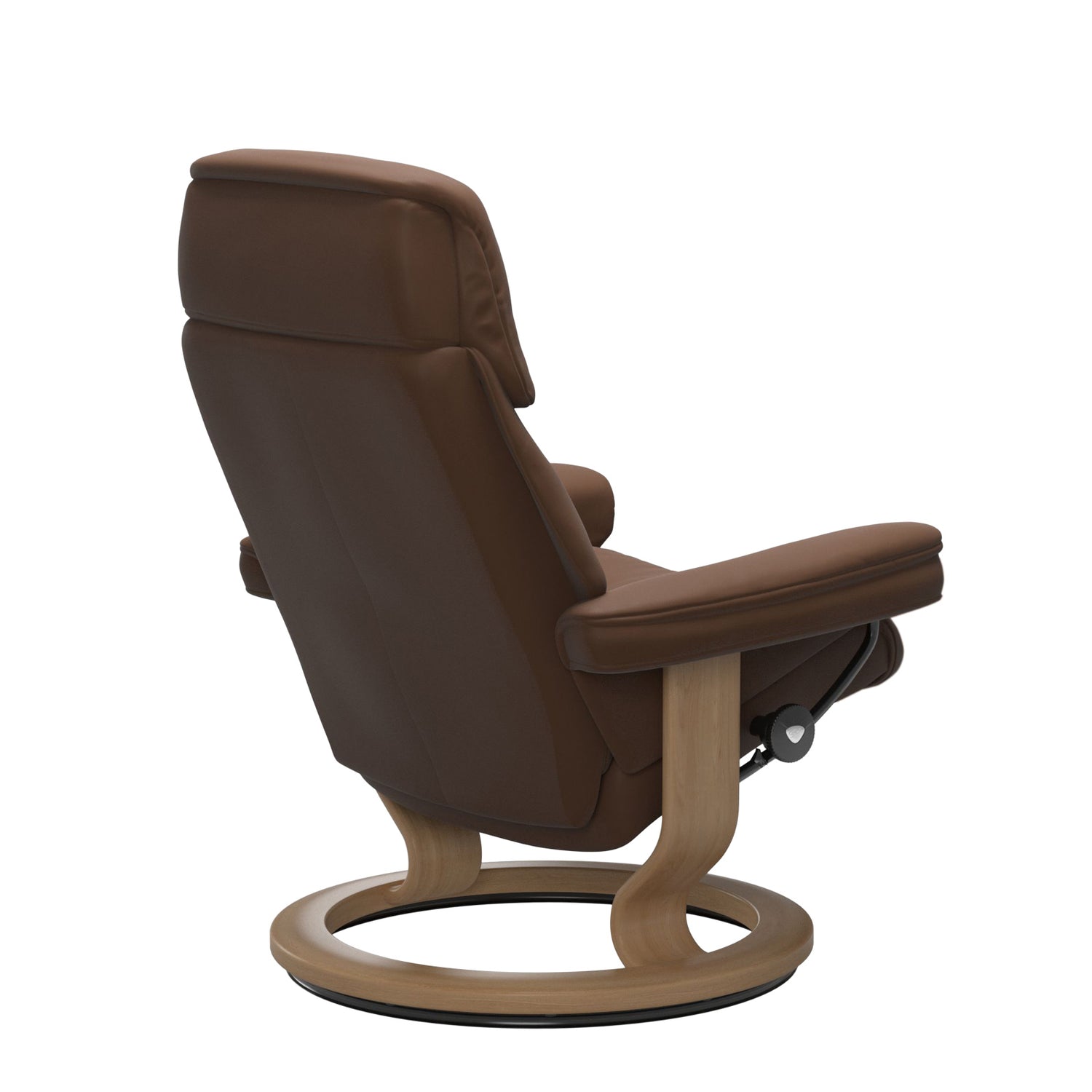 Stressless Ruby M -lepotuoli ruskeana: Warm Brown 87 Batick-nahkaverhoilulla ja tammi petsatulla -Classic-puujalustalla.
