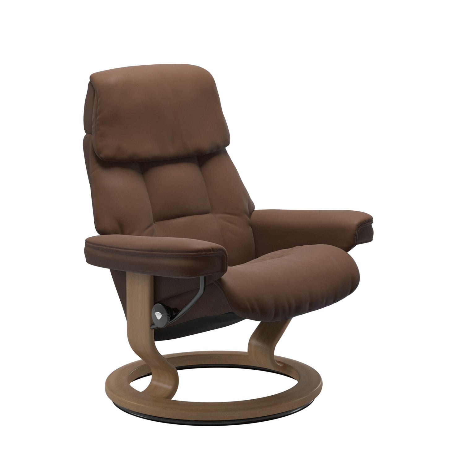 Stressless Ruby M -lepotuoli ruskeana: Warm Brown 87 Batick-nahkaverhoilulla ja tammi petsatulla -Classic-puujalustalla.