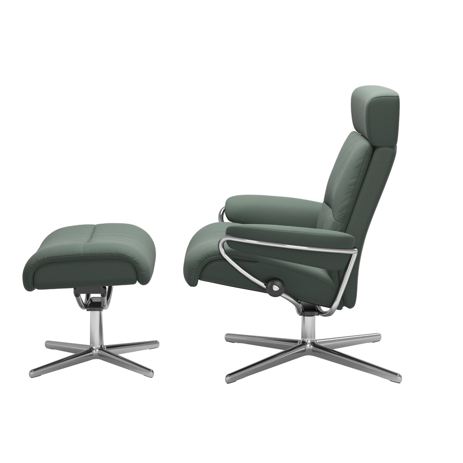Stressless Tokyo, korkeaselkänojainen -lepotuoli ja rahi vihreänä: Sage Green 97 Paloma -nahkaverhoilulla ja kiiltävällä Cross-alumiinijalustalla.