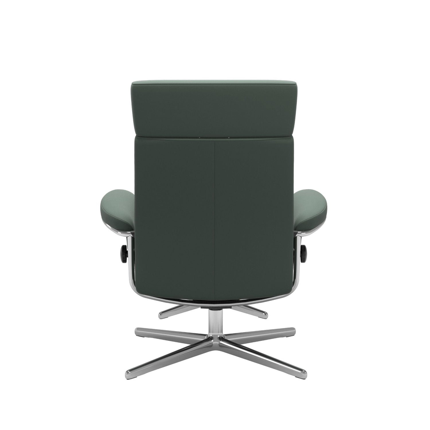 Stressless Tokyo, korkeaselkänojainen -lepotuoli ja rahi vihreänä: Sage Green 97 Paloma -nahkaverhoilulla ja kiiltävällä Cross-alumiinijalustalla.