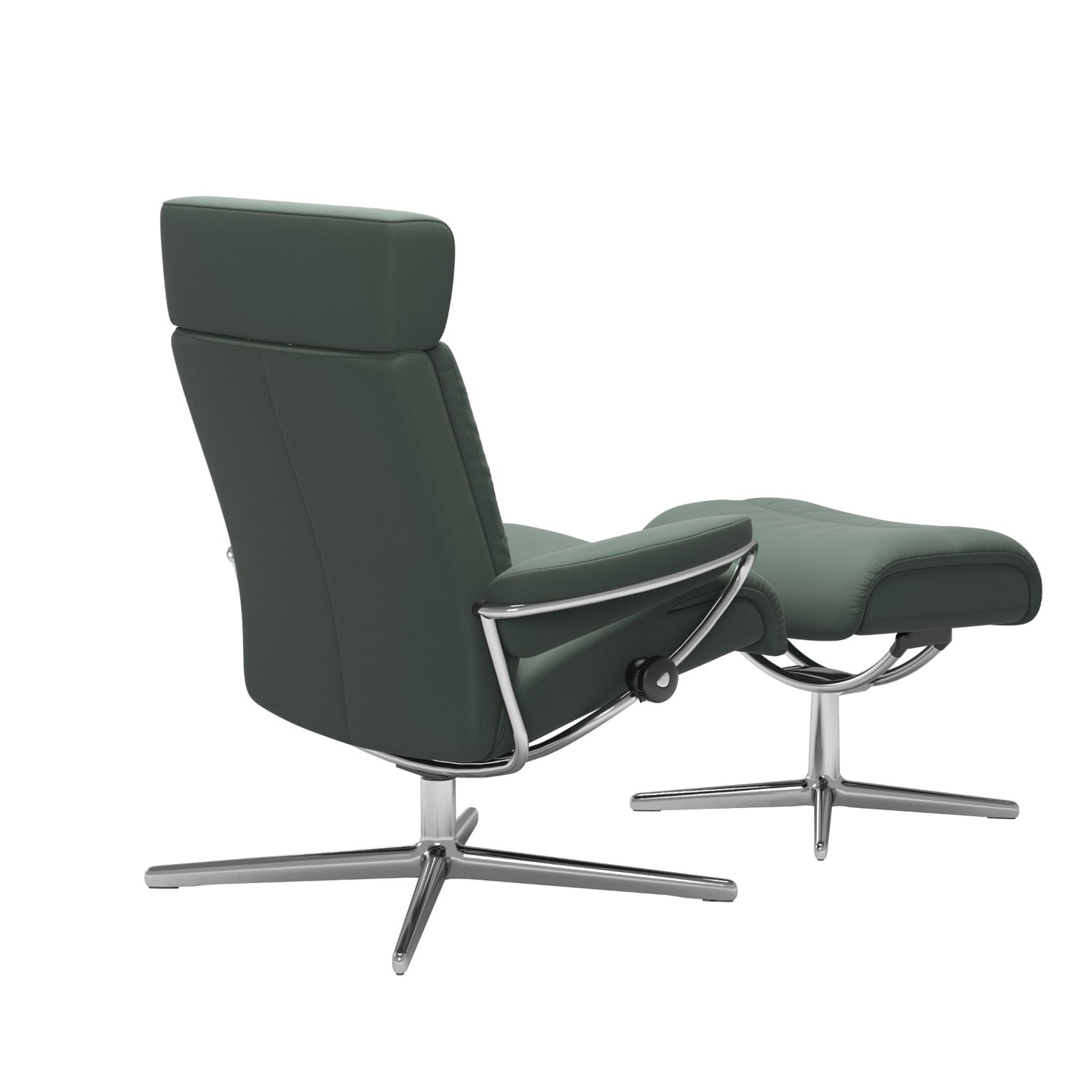 Stressless Tokyo, korkeaselkänojainen -lepotuoli ja rahi vihreänä: Sage Green 97 Paloma -nahkaverhoilulla ja kiiltävällä Cross-alumiinijalustalla.