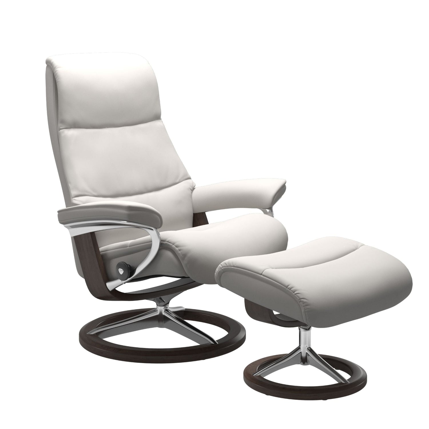 Stressless View, korkeaselkänojainen -lepotuoli ja rahi valkoisena: Milky White 05 -nahkaverhoilulla ja wenge petsatulla pyökki/kiiltävä alumiini Singnature-yhdistelmäjalustalla.
