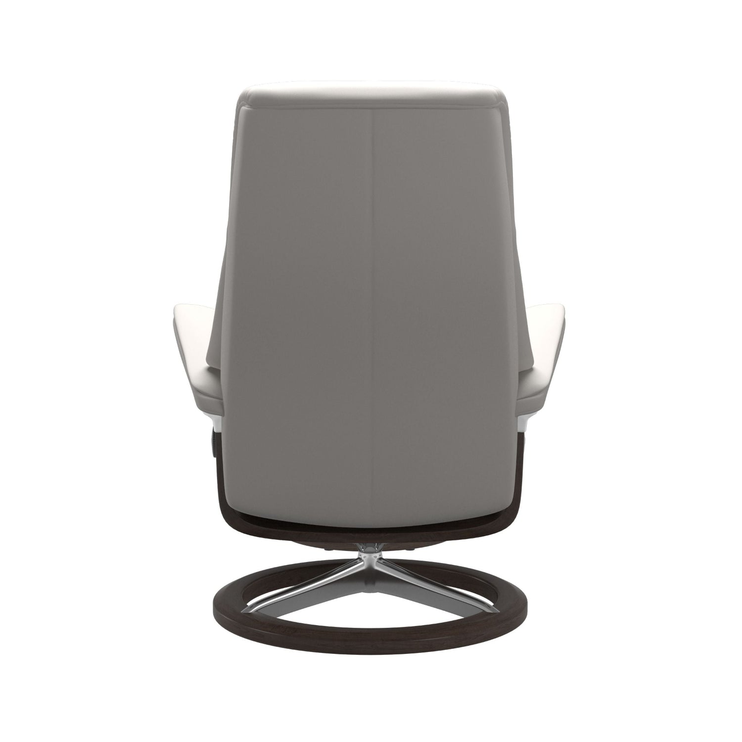 Stressless View, korkeaselkänojainen -lepotuoli ja rahi valkoisena: Milky White 05 -nahkaverhoilulla ja wenge petsatulla pyökki/kiiltävä alumiini Singnature-yhdistelmäjalustalla.