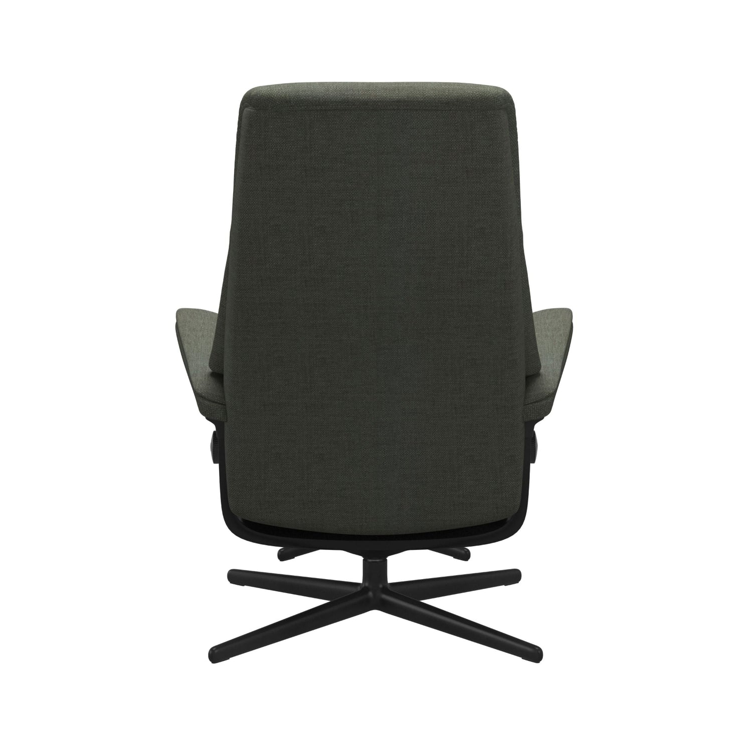 Stressless View, korkeaselkänojainen -lepotuoli ja rahi vihreänä: Green 90 Daisy -kangasverhoilulla ja mattamustalla Cross-metallijalustalla.