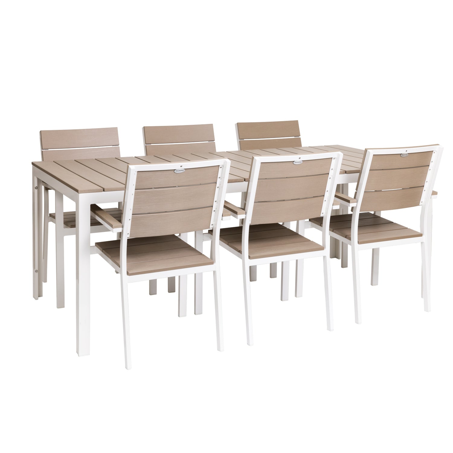 Suvi Aintwood -ruokapöytä yhdistettynä Suvi Aintwood -tuoleihin. Väri valkoinen/beige. Harmaa-beigen väriyhdistelmäsävy tarkemmin greige.