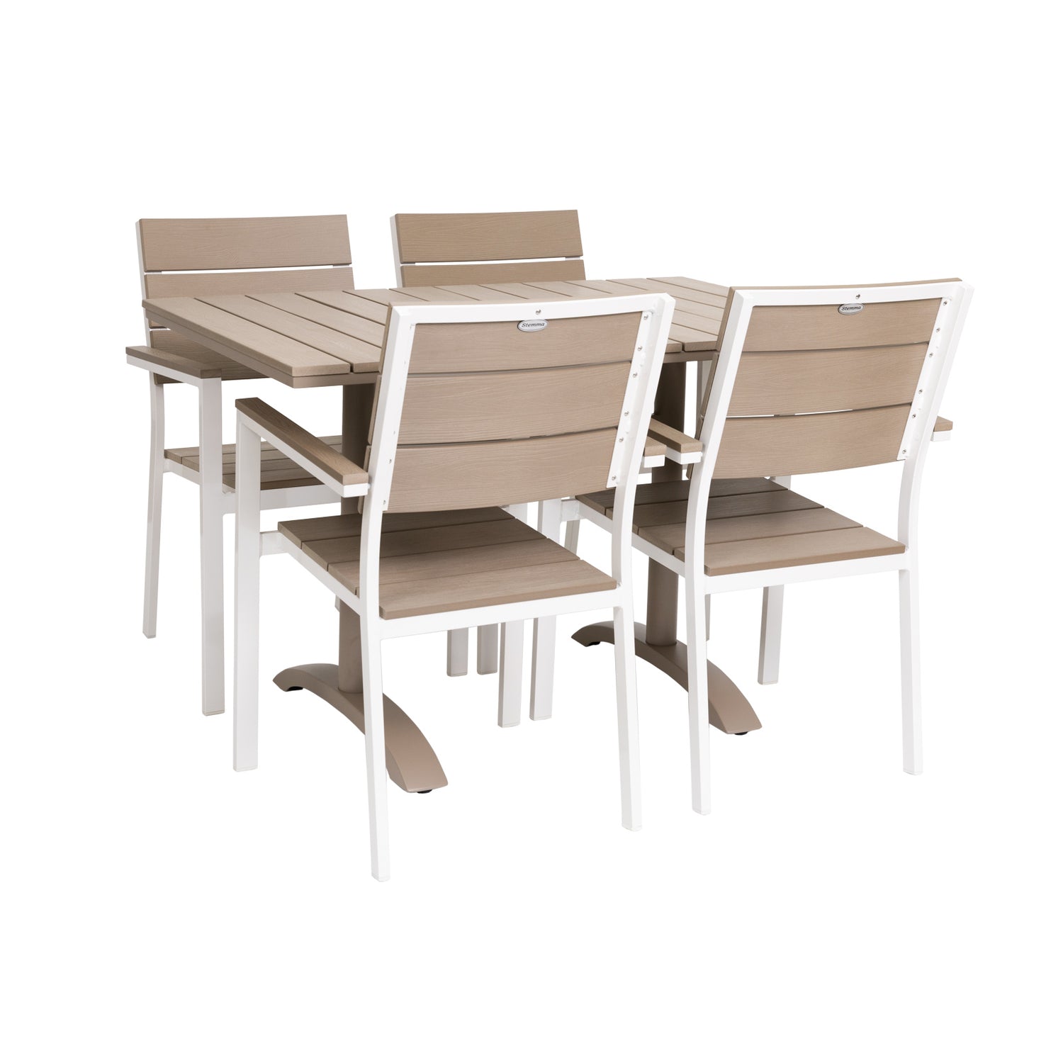 Beigenvärinen Suvi Cafe -ruokapöytä keskijalalla 120 x 76 cm ja neljä beige-valkoista Suvi Aintwood -tuolia. Beigen värin sävy tarkemmin sanottuna greige.