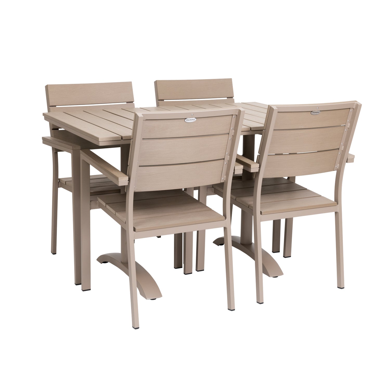 Suvi Cafe -ruokapöytä keskijalalla 120 x 76 cm ja neljä Suvi Aintwood -tuolia, väri beige, tarkemmin sanottuna sävynä greige.