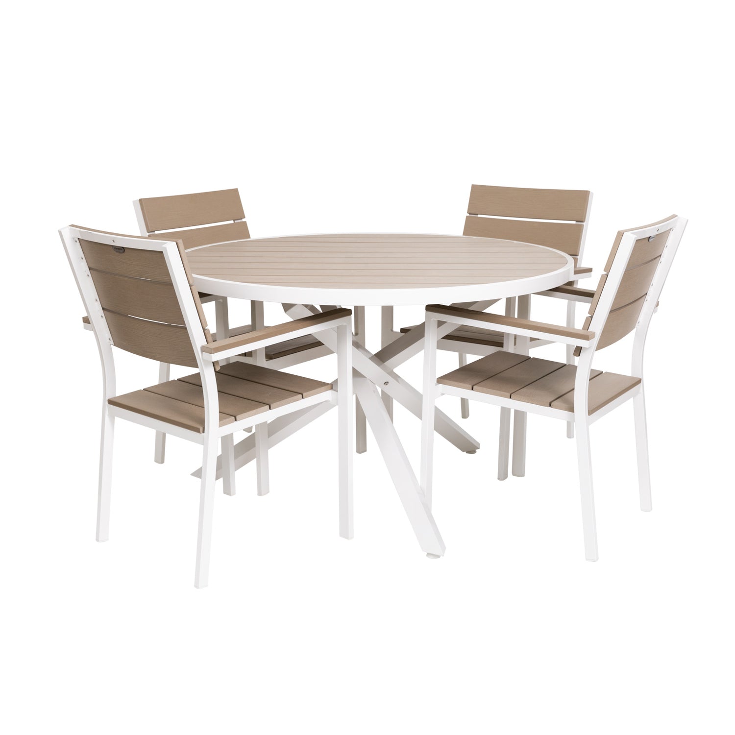 Suvi Aintwood - pyöreä pöytäryhmä beige/valkoisen värisenä. Harmaanbeigen yhdistelmävärisävy tarkemmin greige.