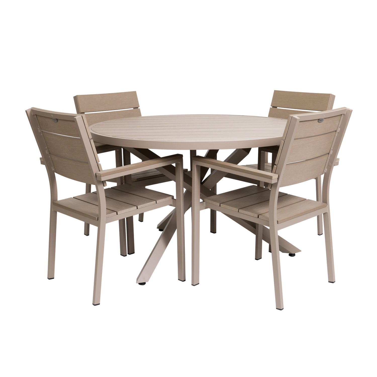 Suvi Aintwood - pyöreä pöytäryhmä beigen värisenä. Harmaanbeigen yhdistelmävärisävy tarkemmin greige.