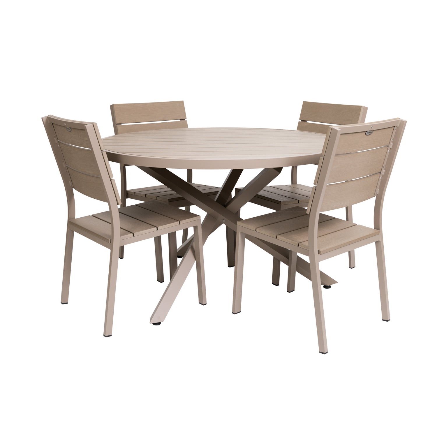 Suvi Aintwood - pyöreä pöytäryhmä beigen värisenä. Harmaan-beigen yhdistelmävärisävy tarkemmin greige.