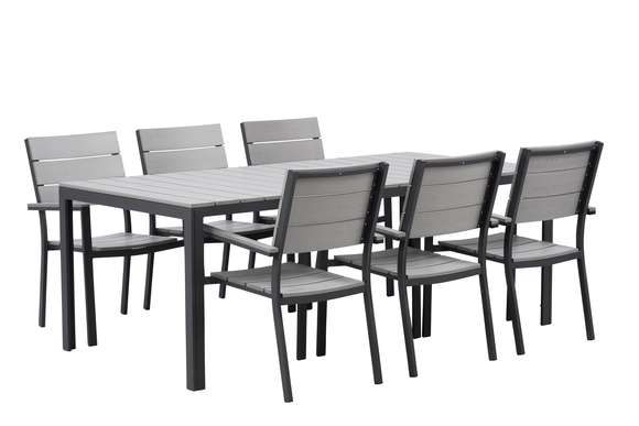 Harmaa Suvi Aintwood-pöytäryhmä kuudelle henkilölle.