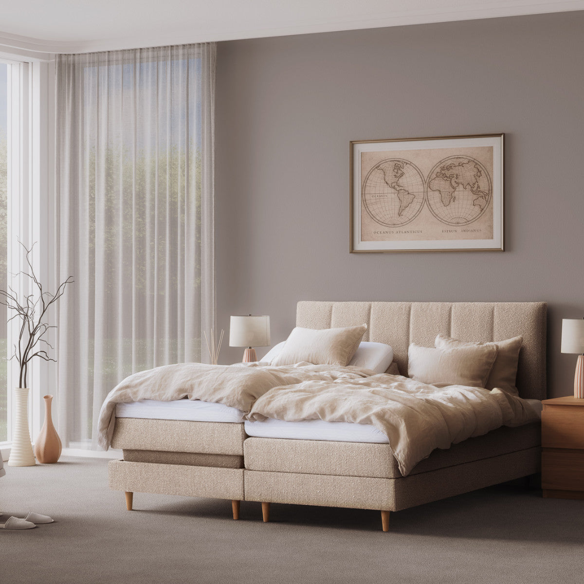 Kuvassa on Tempur Break Adjustable -säätösänky beigenvärisellä verhoilulla ja tammijaloilla. Kuvan Tempur Break Square -sängynpääty myydään erikseen.