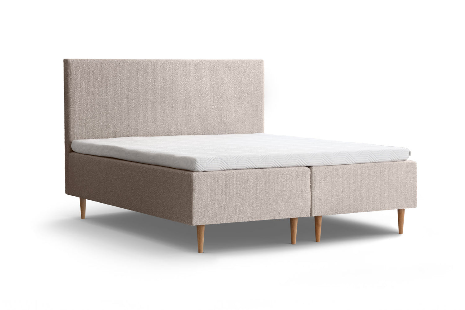 Tempur Break Box -runkosänkypaketti beigellä verhoilulla ja tammijaloilla. Kuvan Tempur Break Classic -sängynpääty myydään erikseen.