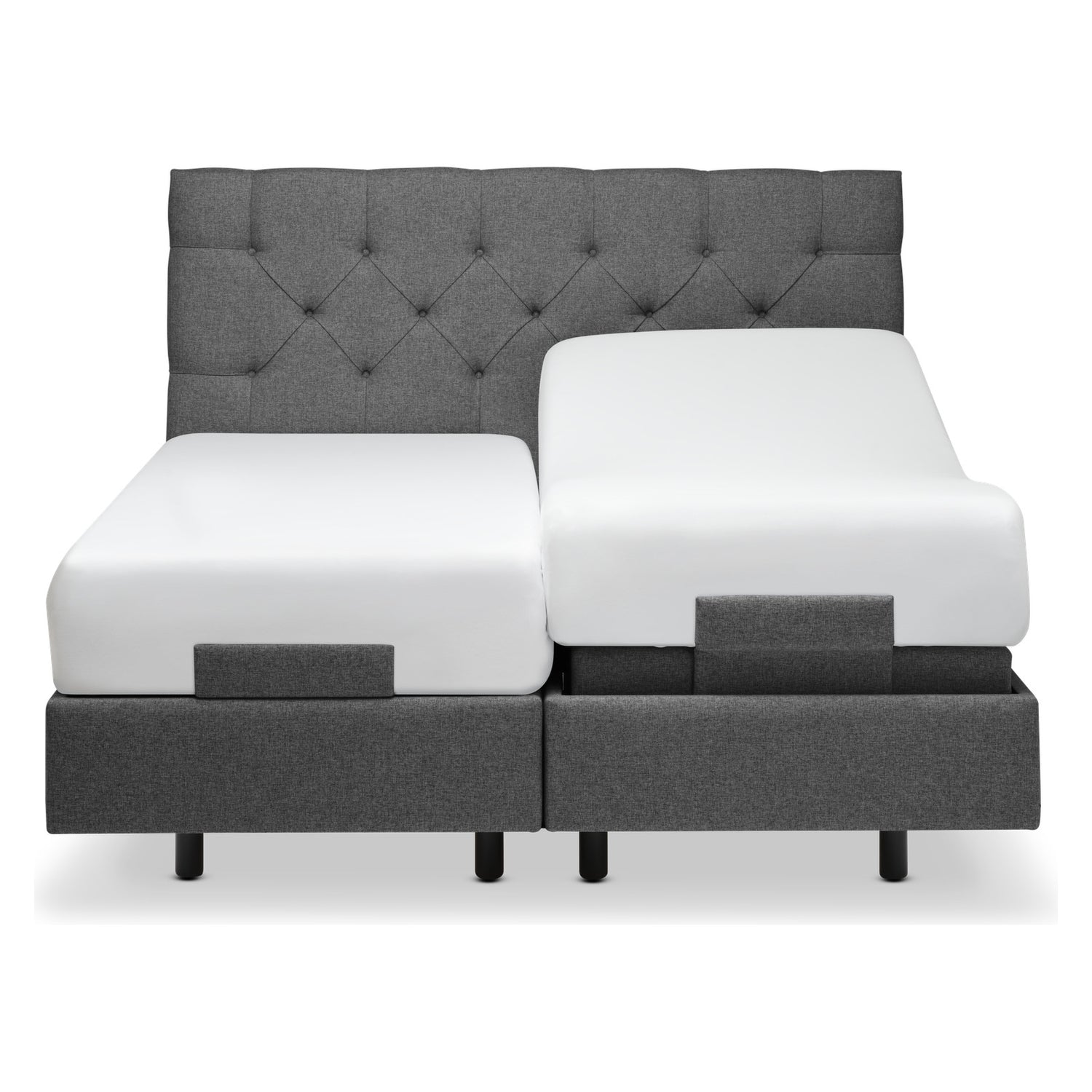 Kuvassa on Tempur Boxspring Adjustable -parivuodepaketti grafiitin värisellä Dark Stone -kankaalla verhoiltuna ja TEMPUR PRO Plus CoolQuilt 27 cm patjalla, sekä tummilla vakiojaloilla. Kuvan sängynpääty myydään erikseen.
