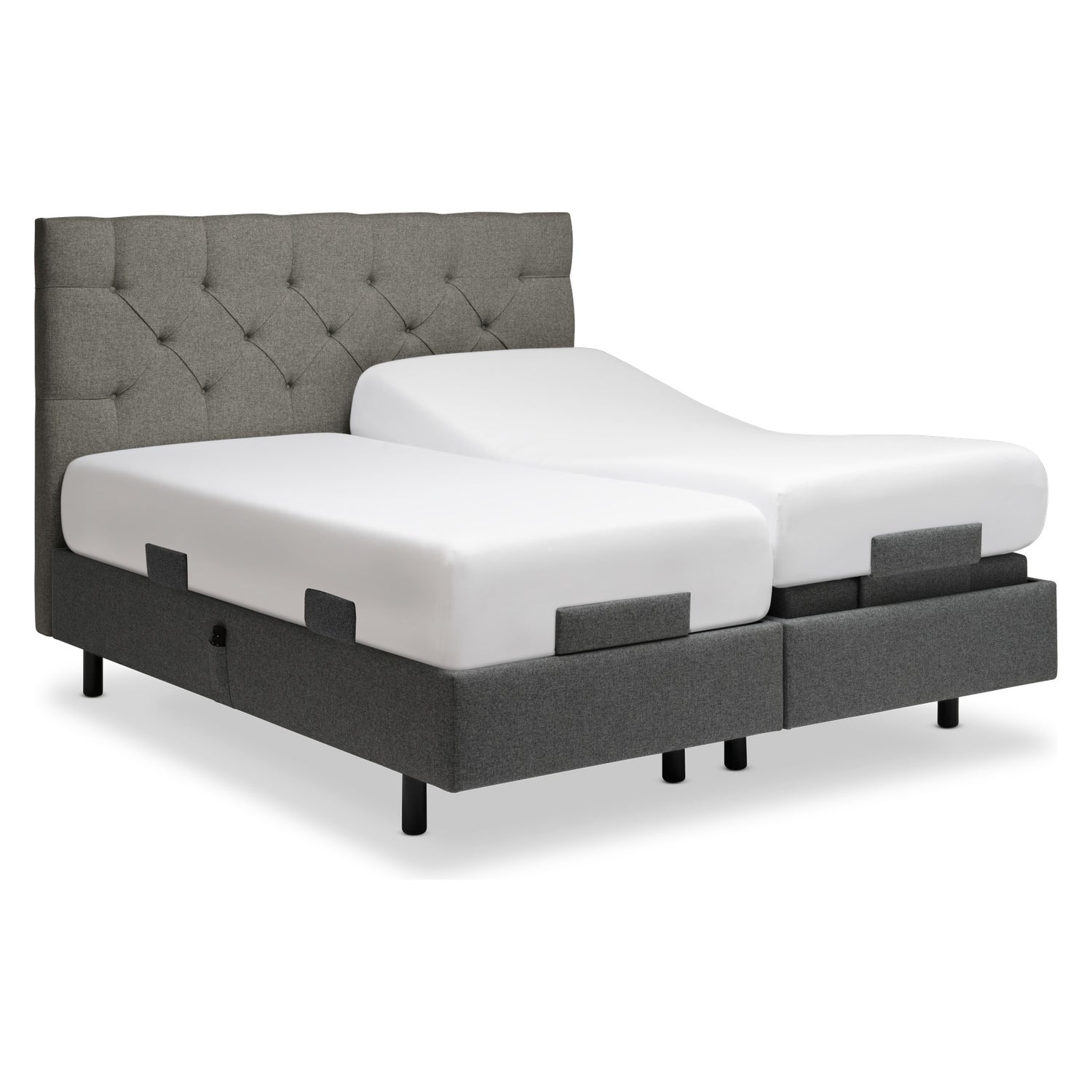 Kuvassa on Tempur Boxspring Adjustable -parivuodepaketti grafiitin värisellä Dark Stone -kankaalla verhoiltuna ja TEMPUR PRO Plus CoolQuilt 27 cm patjalla, sekä tummilla vakiojaloilla. Kuvan sängynpääty ja sivupidikkeet myydään erikseen. Toimitukseen sisältyy jalkopään patjapidike.