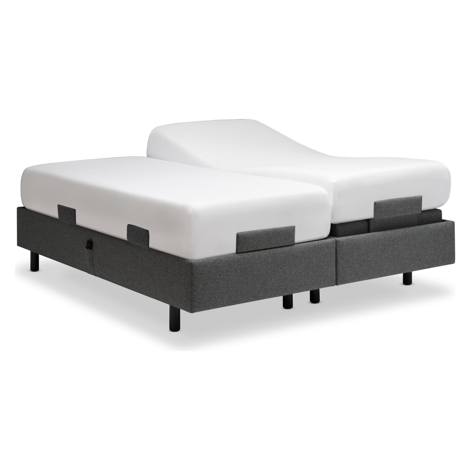 Tempur Boxspring Adjustable -parivuodepaketti grafiitin värisellä Dark Stone -kankaalla verhoiltuna ja TEMPUR PRO Plus CoolQuilt 27 cm patjalla, sekä tummilla vakiojaloilla. Toimitukseen sisältyy jalkopään patjapidikkeet - Sivupidikkeet ovat saatavana erikseen.