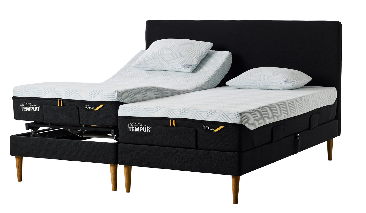 Tempur Move-säätövuode parisänkypaketti hiilenmustalla Charcoal Grey -kankaalla verhoiltuna ja Tempur Pro 21 SmartCool patjoilla, sekä luonnonvärisillä tammijaloilla. Kuvan sängynpääty myydään erikseen.