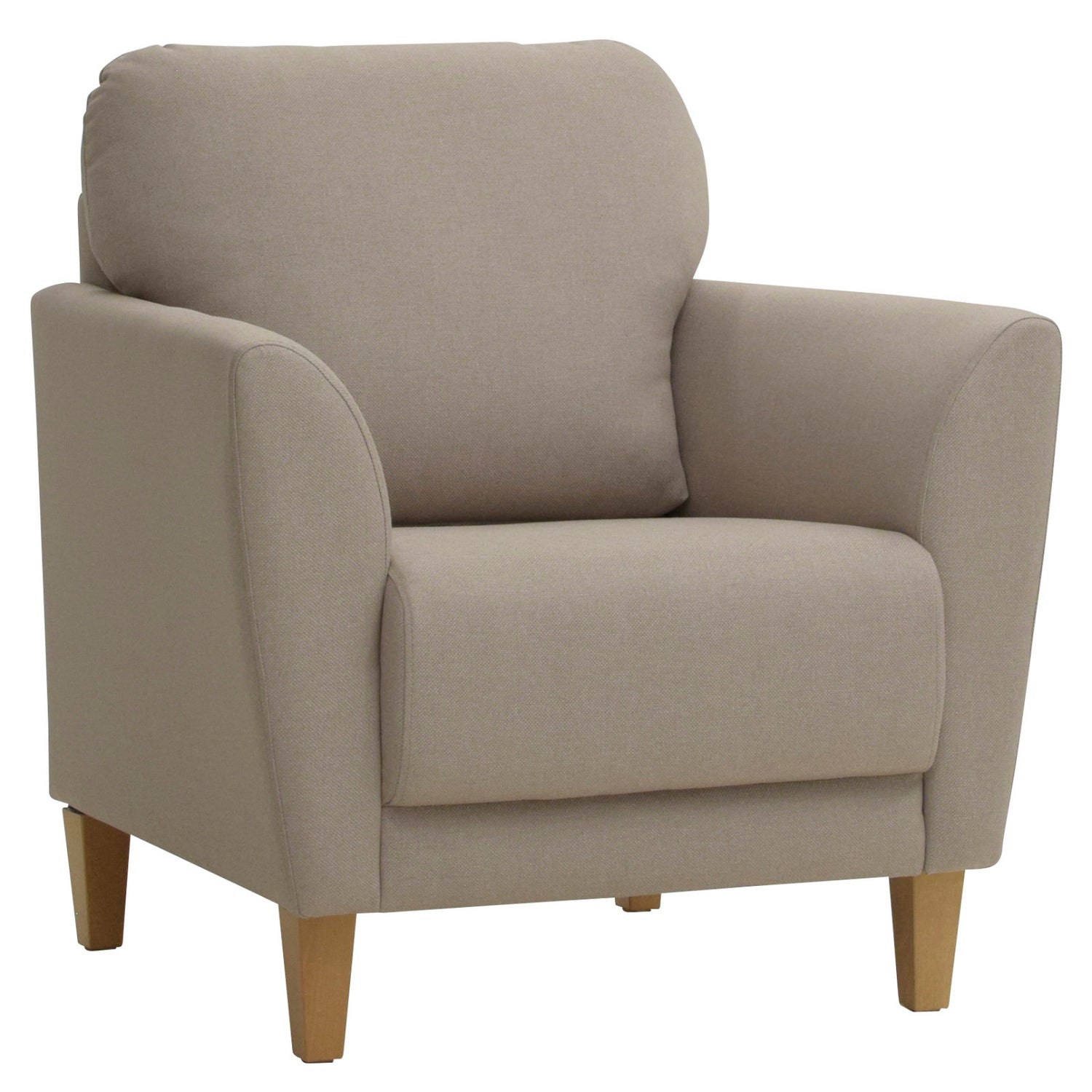 Taru-nojatuoli tumman hiekanvärisellä Barcelona 30 -verhoilukankaalla ja pähkinänvärisillä puujaloilla.