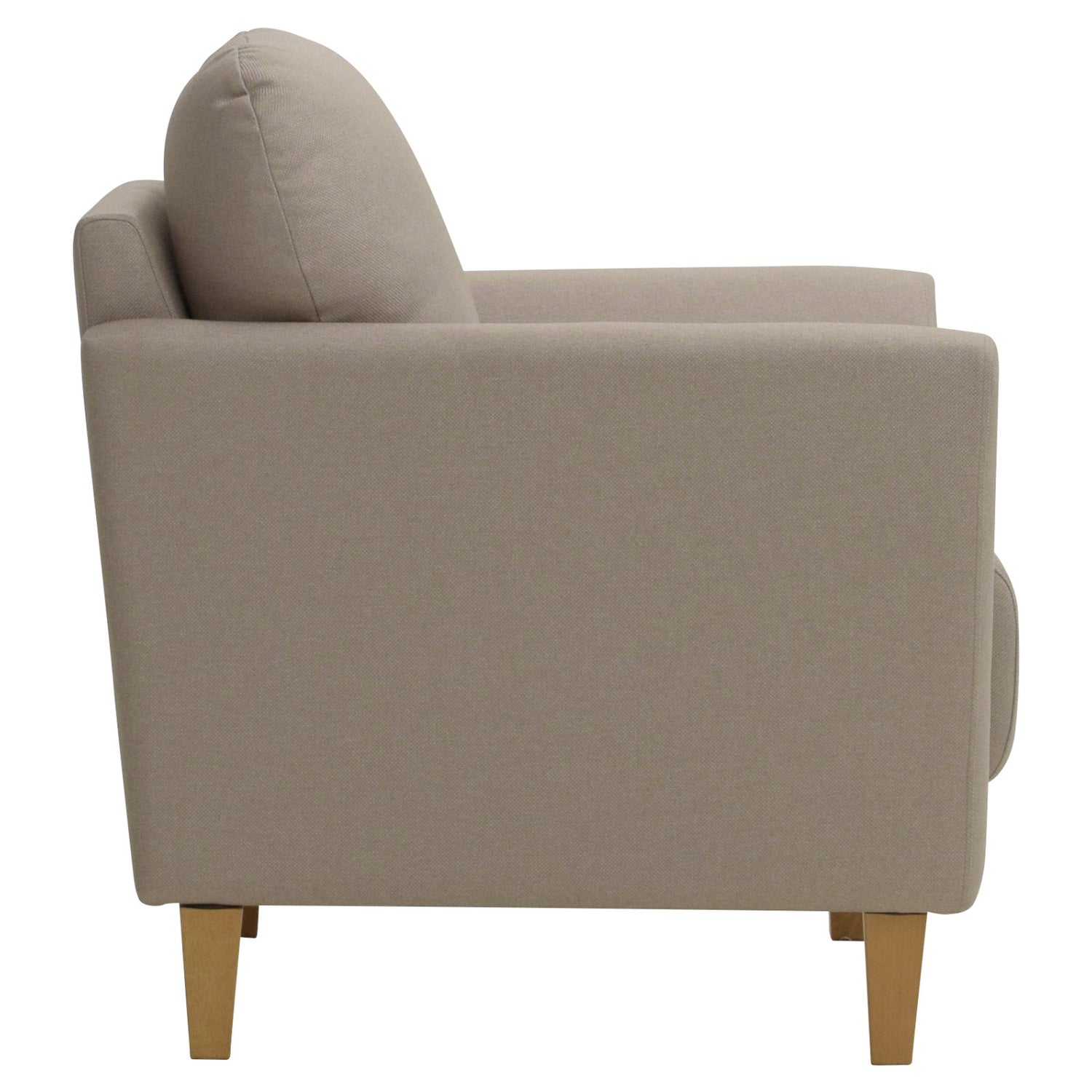 Taru-nojatuoli tumman hiekanvärisellä Barcelona 30 -verhoilukankaalla ja pähkinänvärisillä puujaloilla.