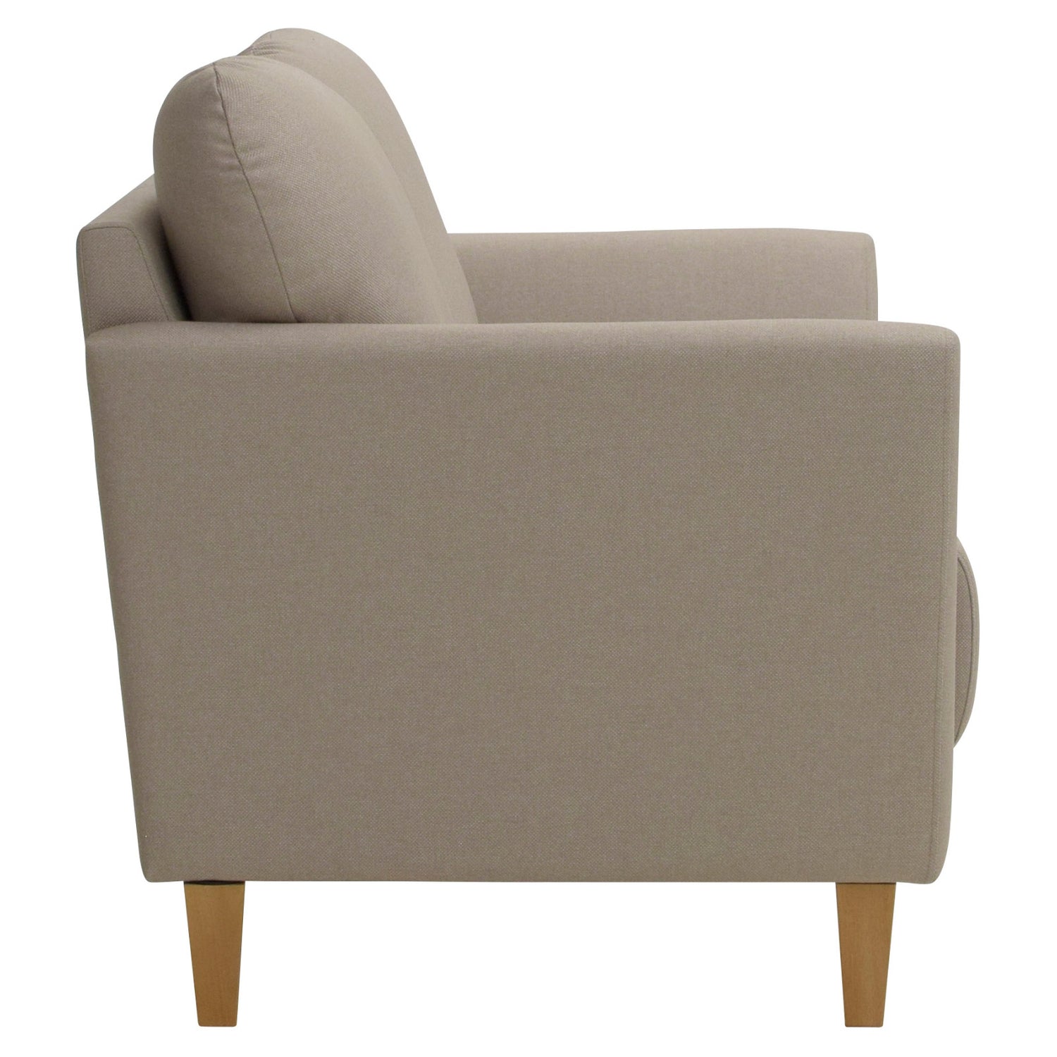 Taru 2-istuttava sohva tumman hiekanvärisellä Barcelona 30 -verhoilukankaalla ja pähkinänvärisillä puujaloilla.