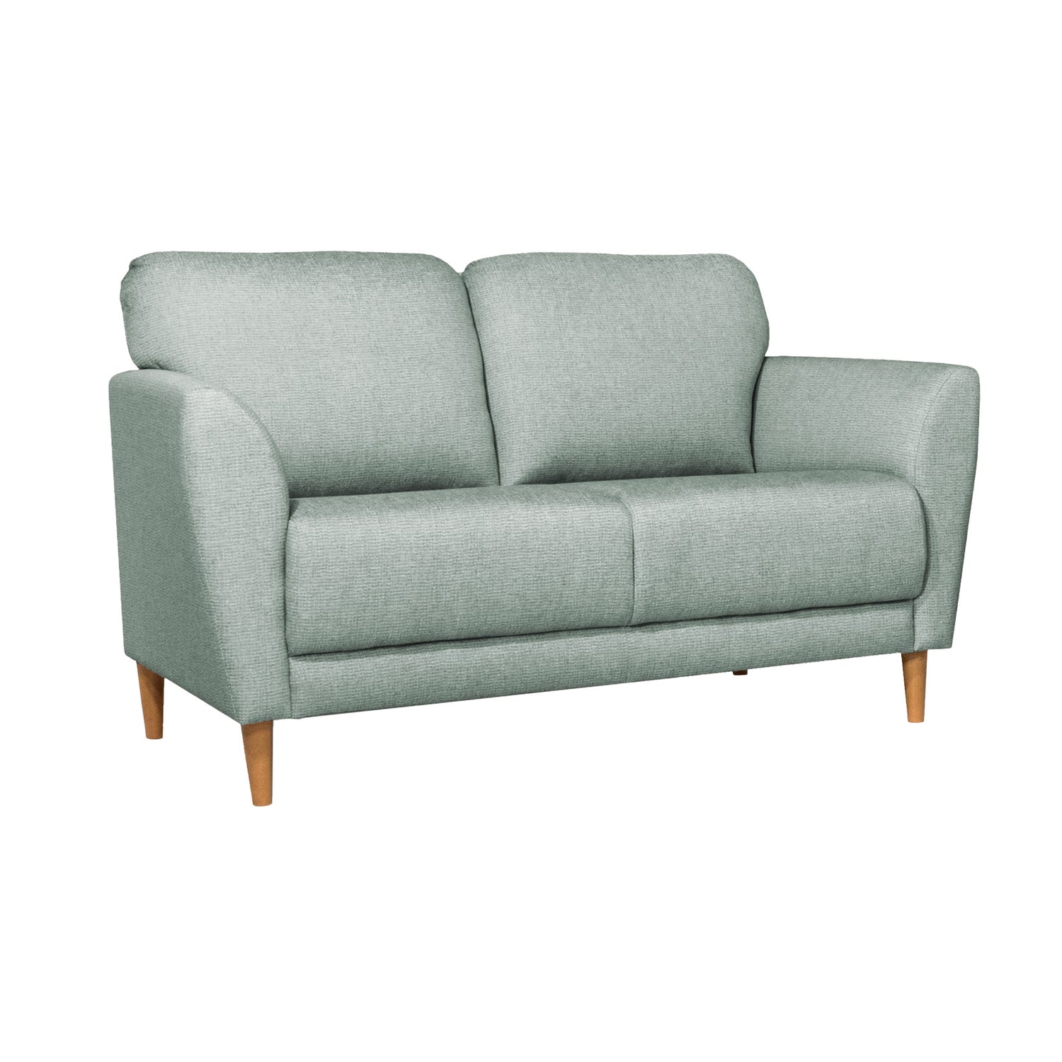 Taru 2-istuttava sohva vihreällä Sakura 030 -verhoilukankaalla ja pähkinänvärisillä puujaloilla.