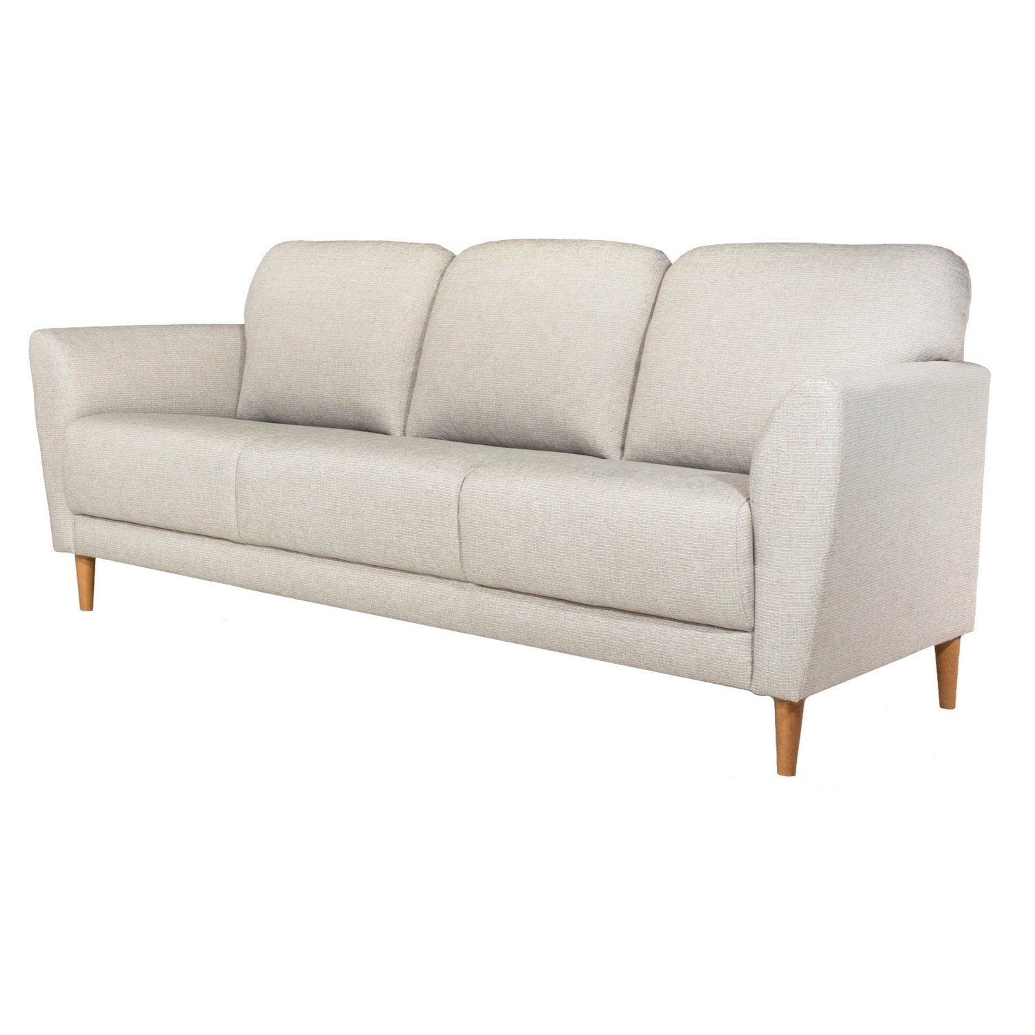 Taru 3-istuttava sohva vaalealla Sakura 982 -verhoilukankaalla ja pähkinänvärisillä puujaloilla.