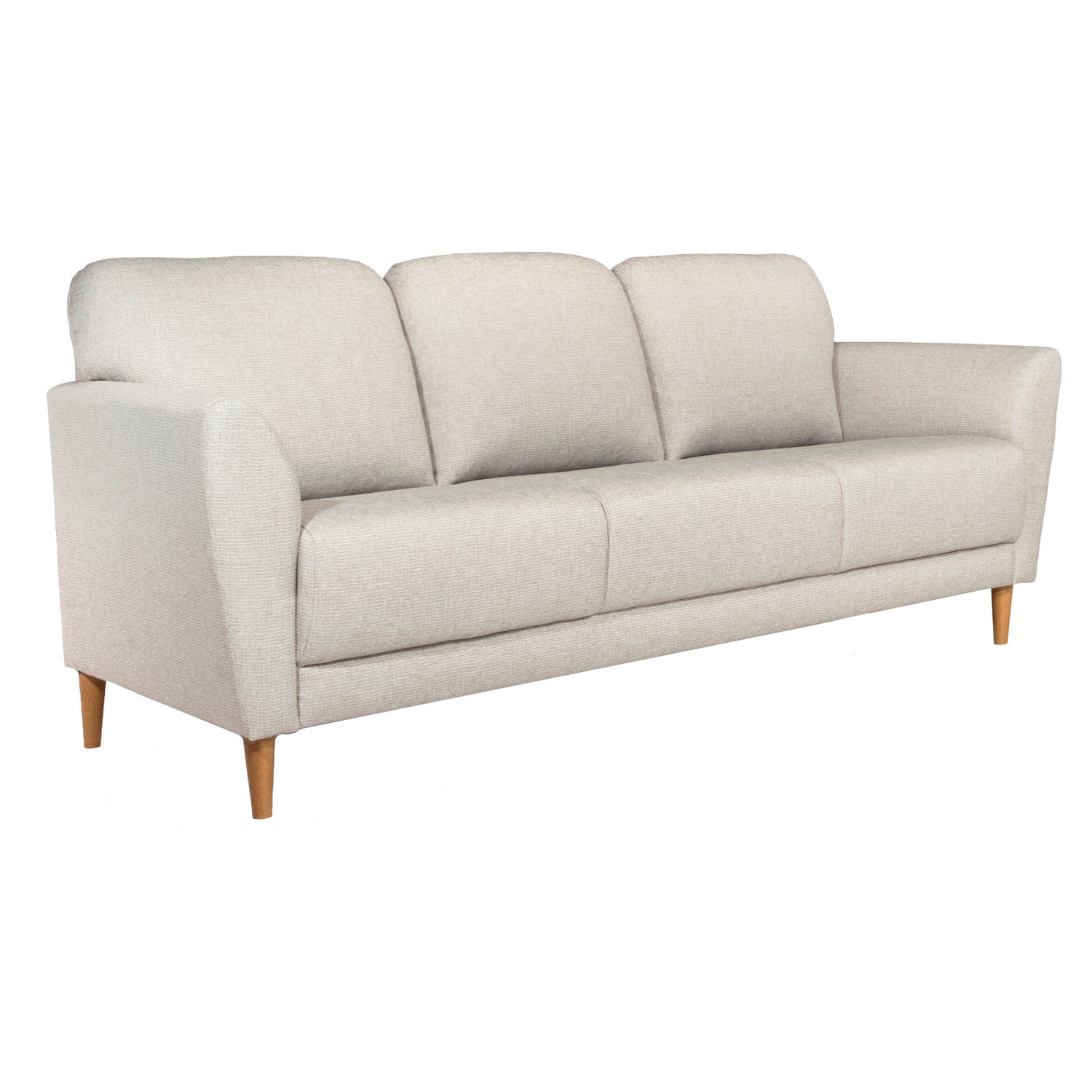 Taru 3-istuttava sohva vaalealla Sakura 982 -verhoilukankaalla ja pähkinänvärisillä puujaloilla.