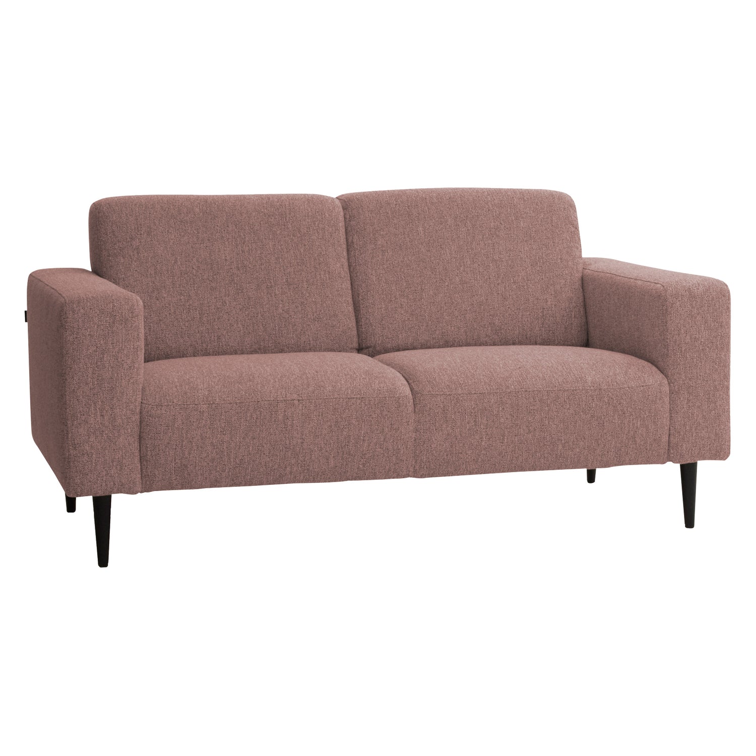 2-istuttava Tessa-sohva kanervanpunaisen rouhealla roosalla Wish 64 -kankaalla, 20 cm leveillä käsinojilla ja mustilla 18 cm pyöreäkartiopuujaloilla.