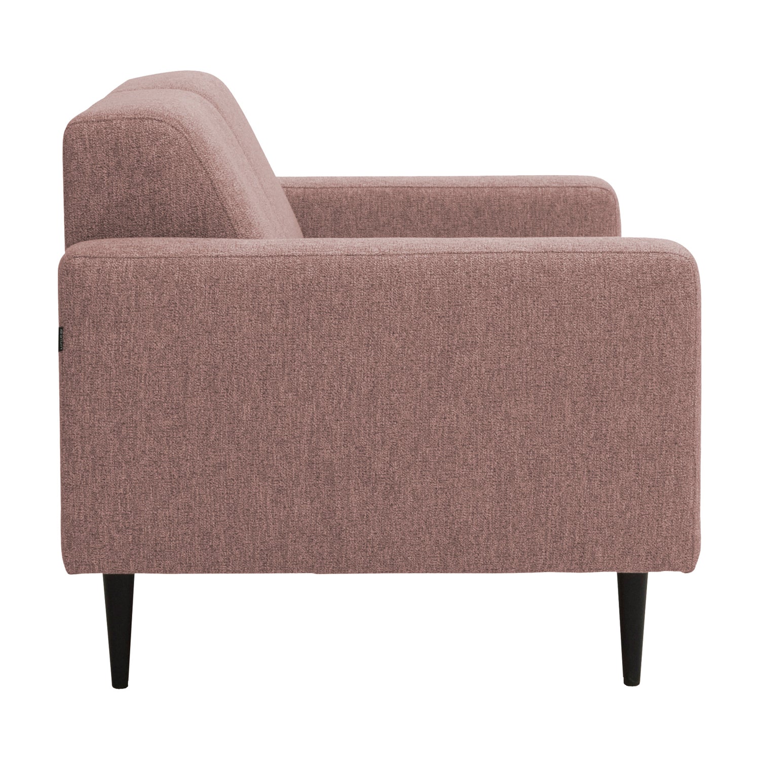 2-istuttava Tessa-sohva kanervanpunaisen rouhealla roosalla Wish 64 -kankaalla, 20 cm leveillä käsinojilla ja mustilla 18 cm pyöreäkartiopuujaloilla.