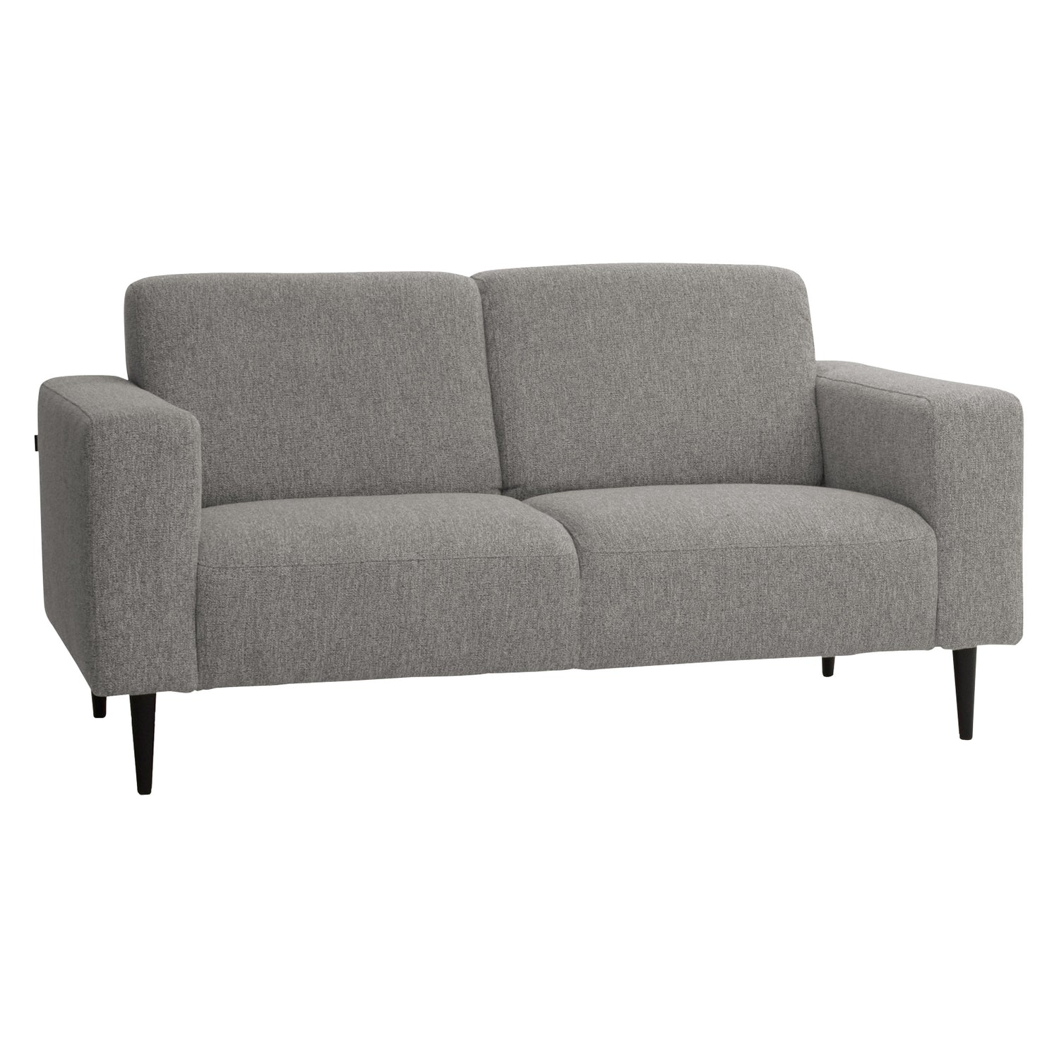 2-istuttava Tessa-sohva rouhealla harmaalla Wish 85-kankaalla, 20 cm leveillä käsinojilla ja mustilla 18 cm pyöreäkartiopuujaloilla.