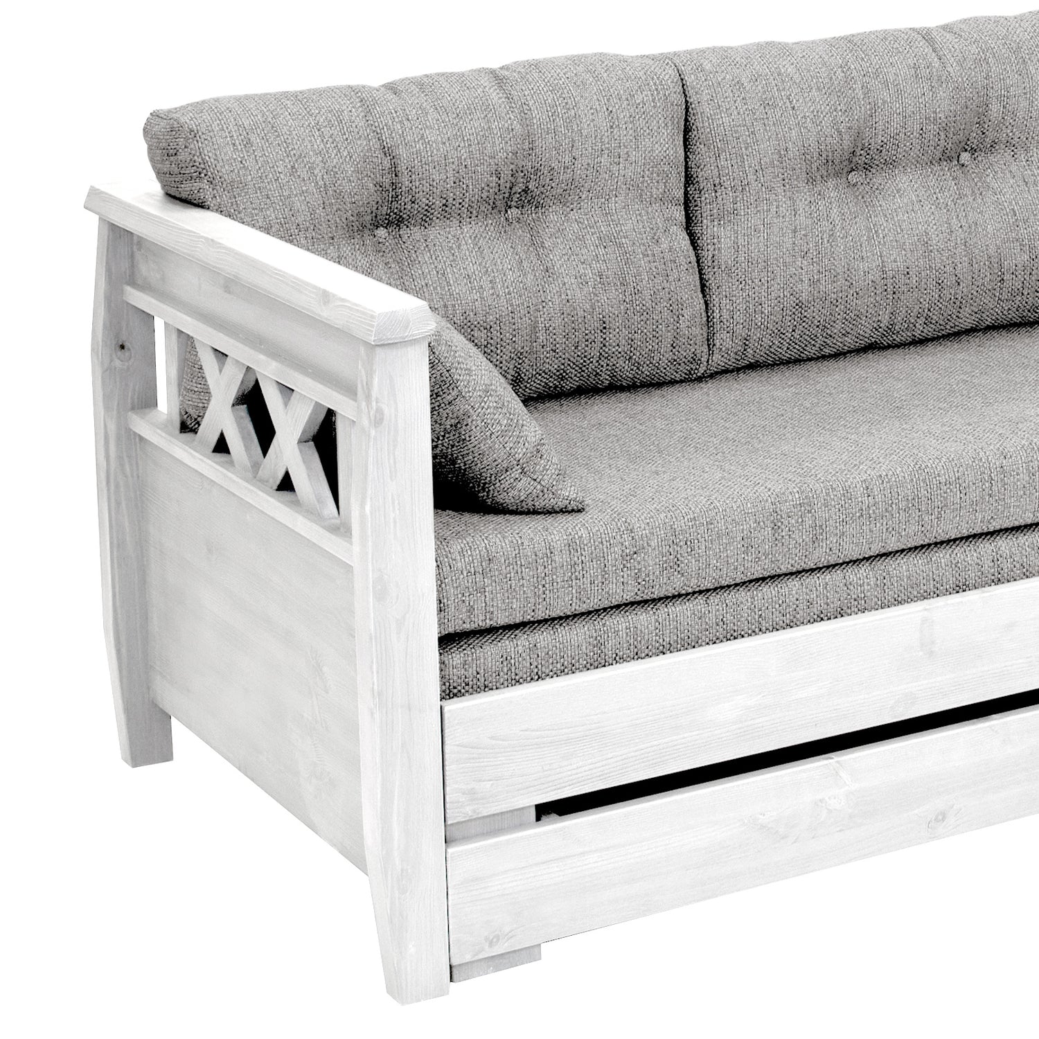 Tupla-taittopatjasarja beigenvärisellä Hygge-kankaalla. Kuvassa valkoinen erikseen myytävä Reimari-laverisohva.