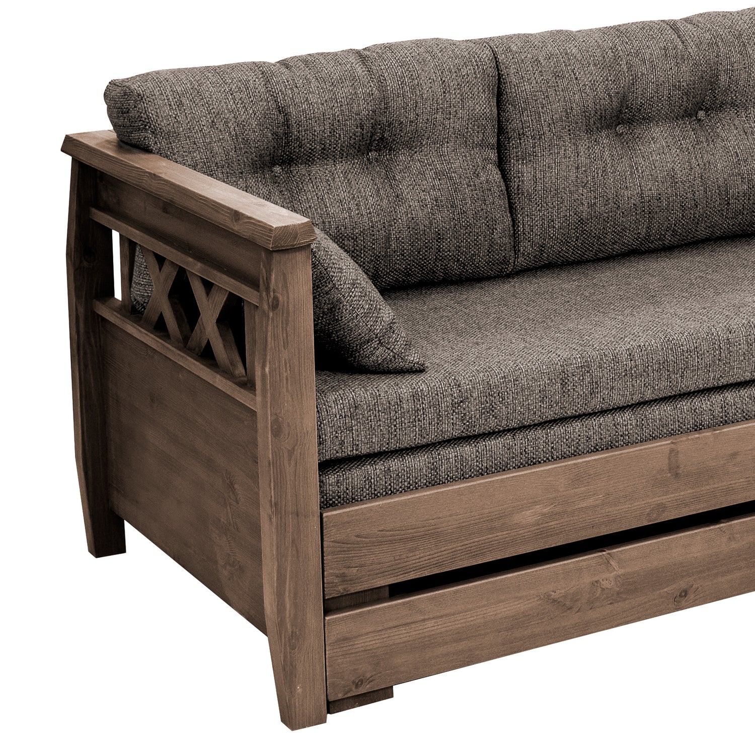 Tupla-taittopatjasarja ruskealla Hygge-kankaalla. Kuvassa ruskea erikseen myytävä Reimari-laverisohva.