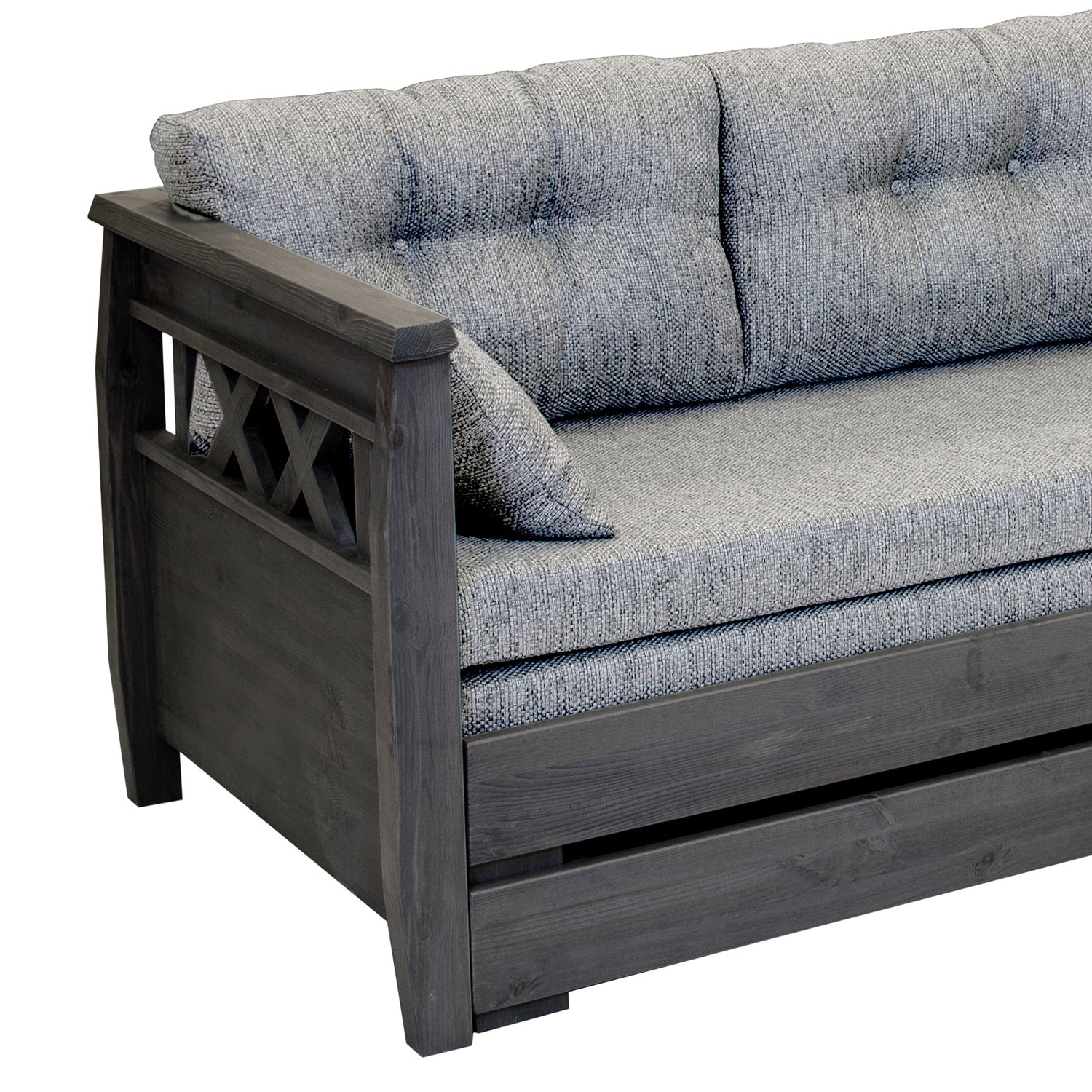 Tupla-taittopatjasarja vaaleanharmaalla Hygge-kankaalla. Kuvassa harmaa erikseen myytävä Reimari-laverisohva.