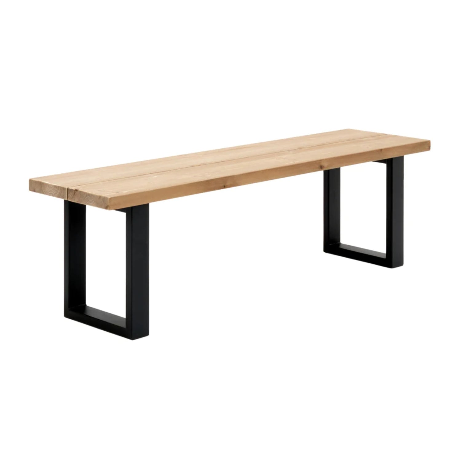 Venla-penkki 150 cm antiikinvärisellä mäntyistuimella ja suorilla mustilla metallijaloilla.