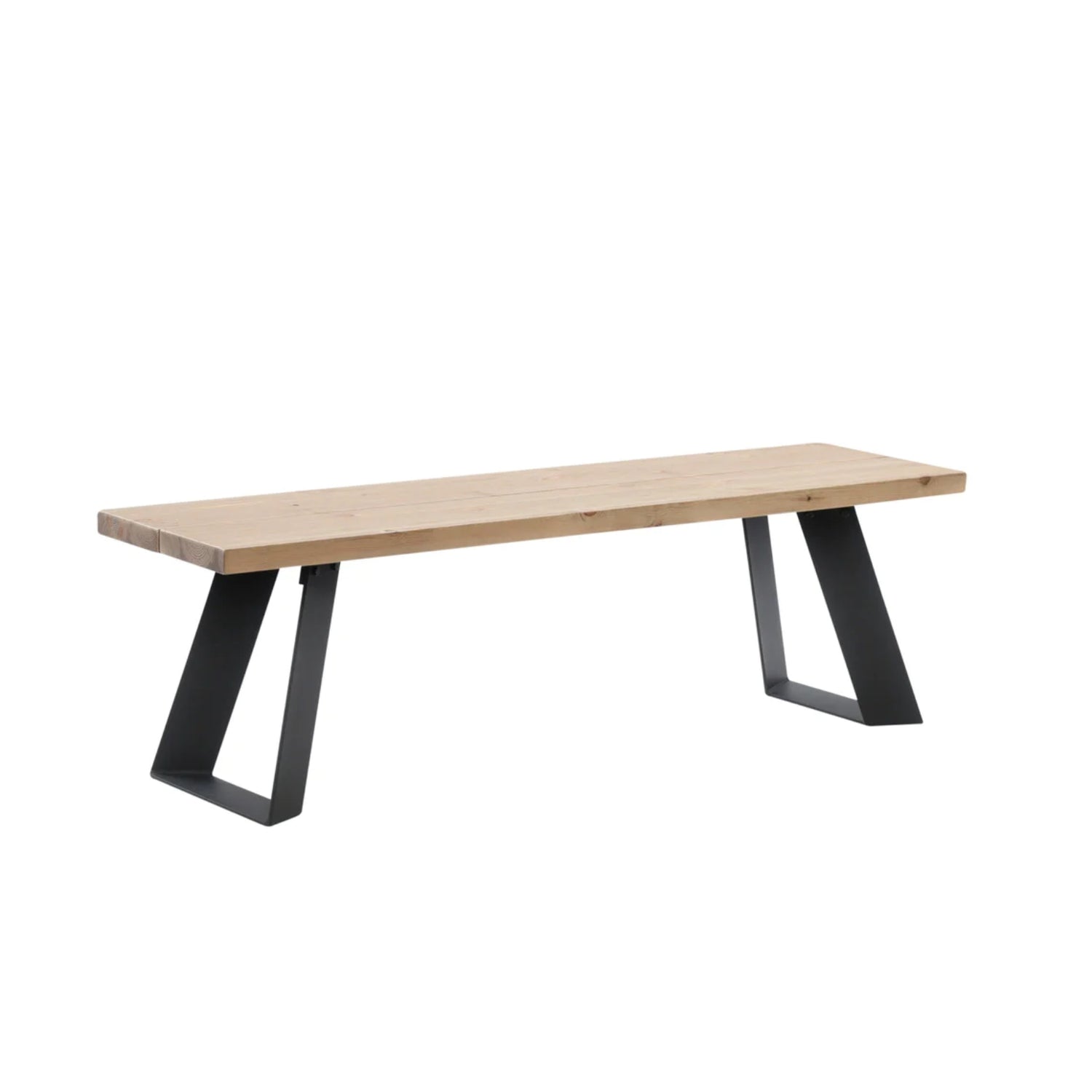 Venla-penkki 150 cm antiikinruskealla mäntyistuimella ja mustilla vinoilla metallijaloilla.