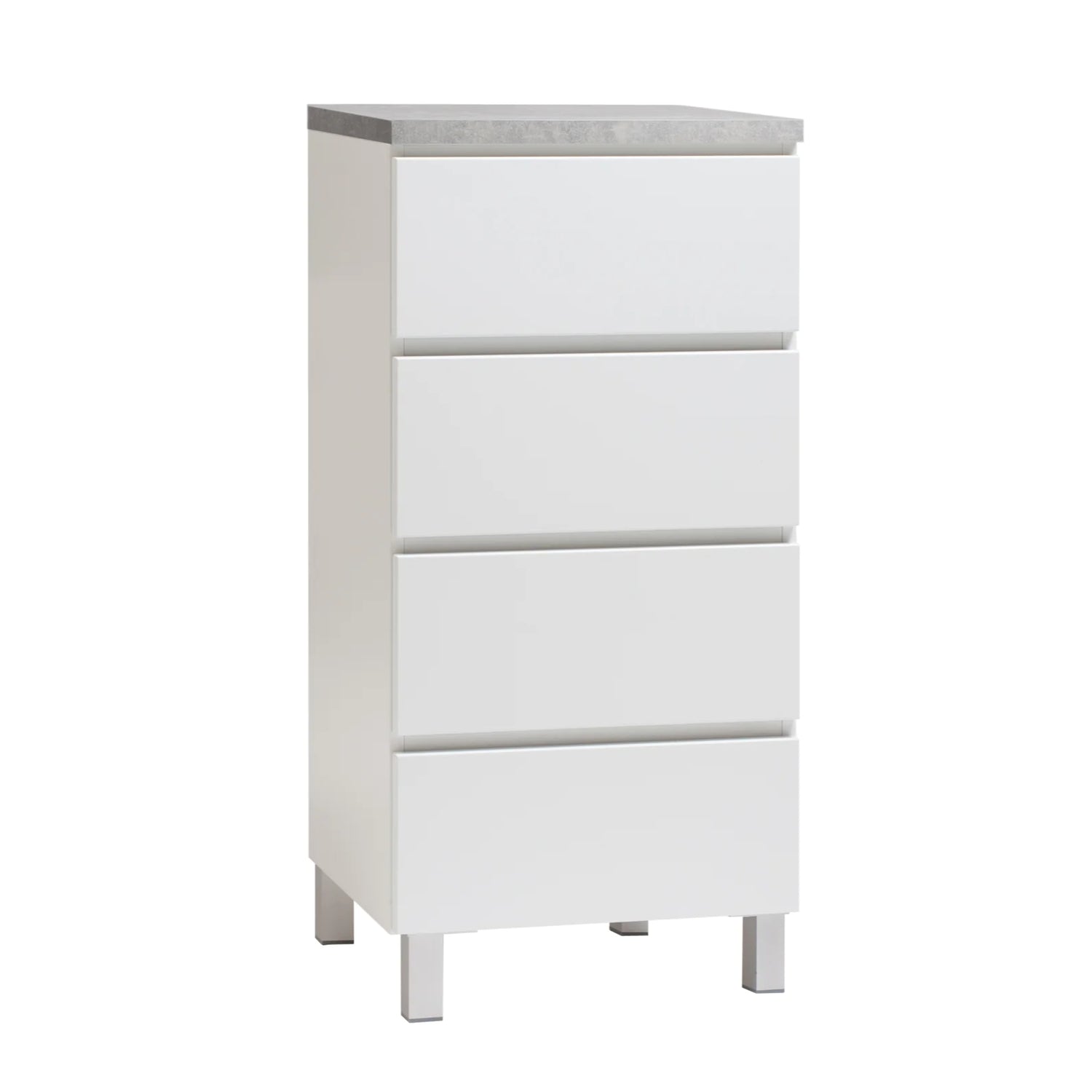 Kuvassa on 46 cm leveä valkoinen Viiva-lipasto harmaalla betonijäljitelmän sävyisellä kannella ja hopeanvärisillä alumiinijaloilla.