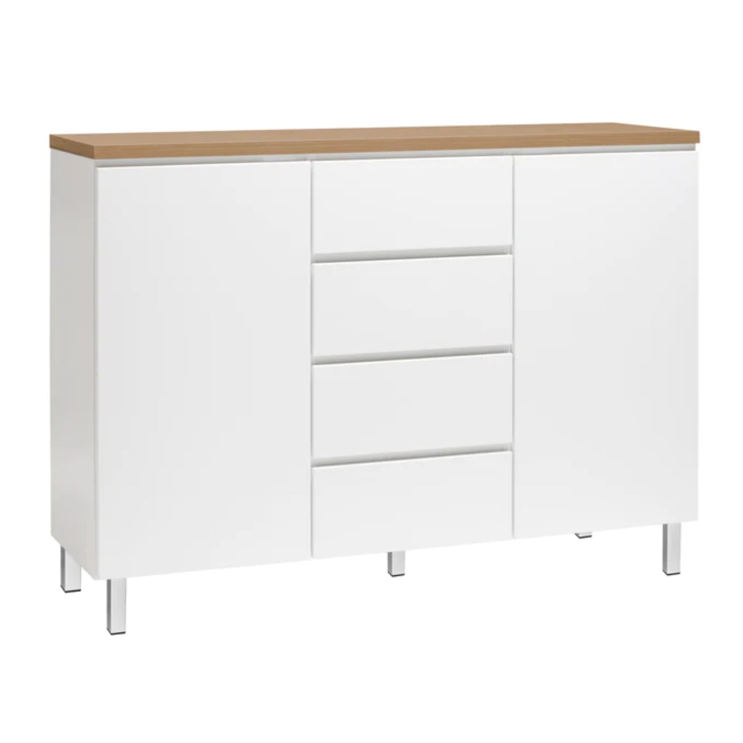 Kuvassa on 137 cm leveä valkoinen Viiva-senkki tammenvärisellä kannella ja valkoisilla metallijaloilla.