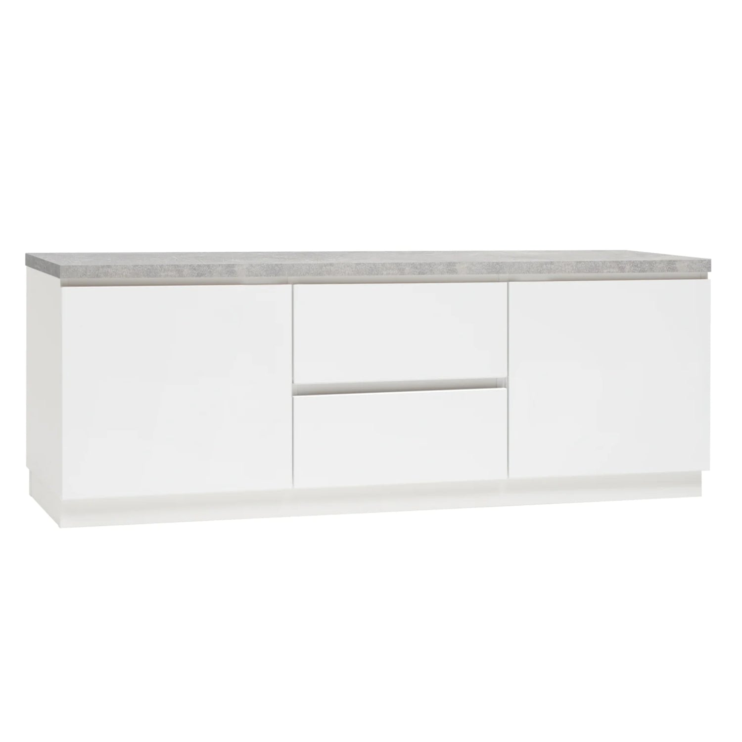 Kuvassa on 137 cm leveä valkoinen Viiva-sarjan tv-taso harmaalla betonijäljitelmän sävyisellä kannella ja valkoisella jalkasokkelilla.